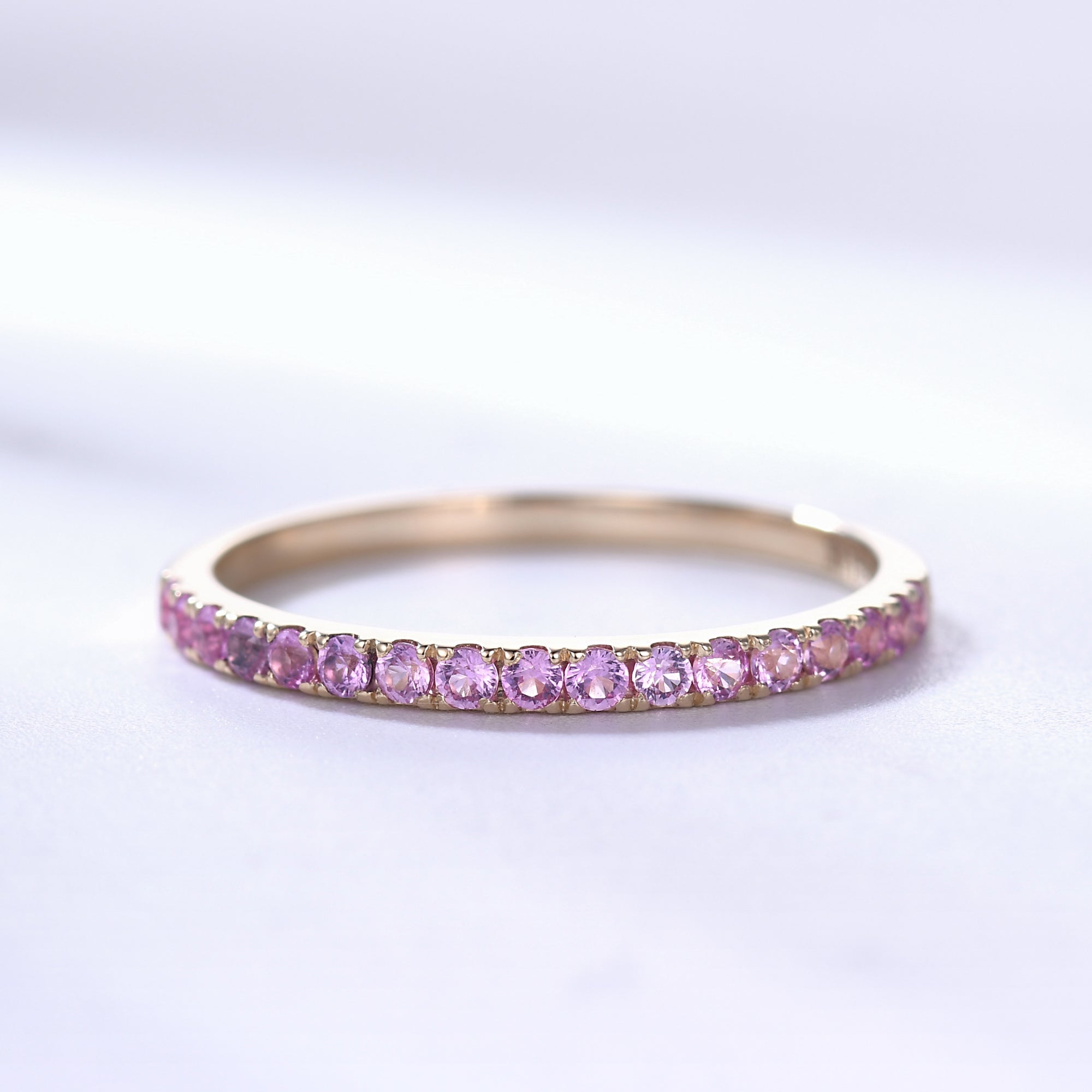 Natural Pink Sapphire Wedding Ring - 14k Rose Gold Half Eternity Band with Micro Pave (1.5mm) | Perfect for Engagement, Anniversary & Bridal Jewelry Gifts