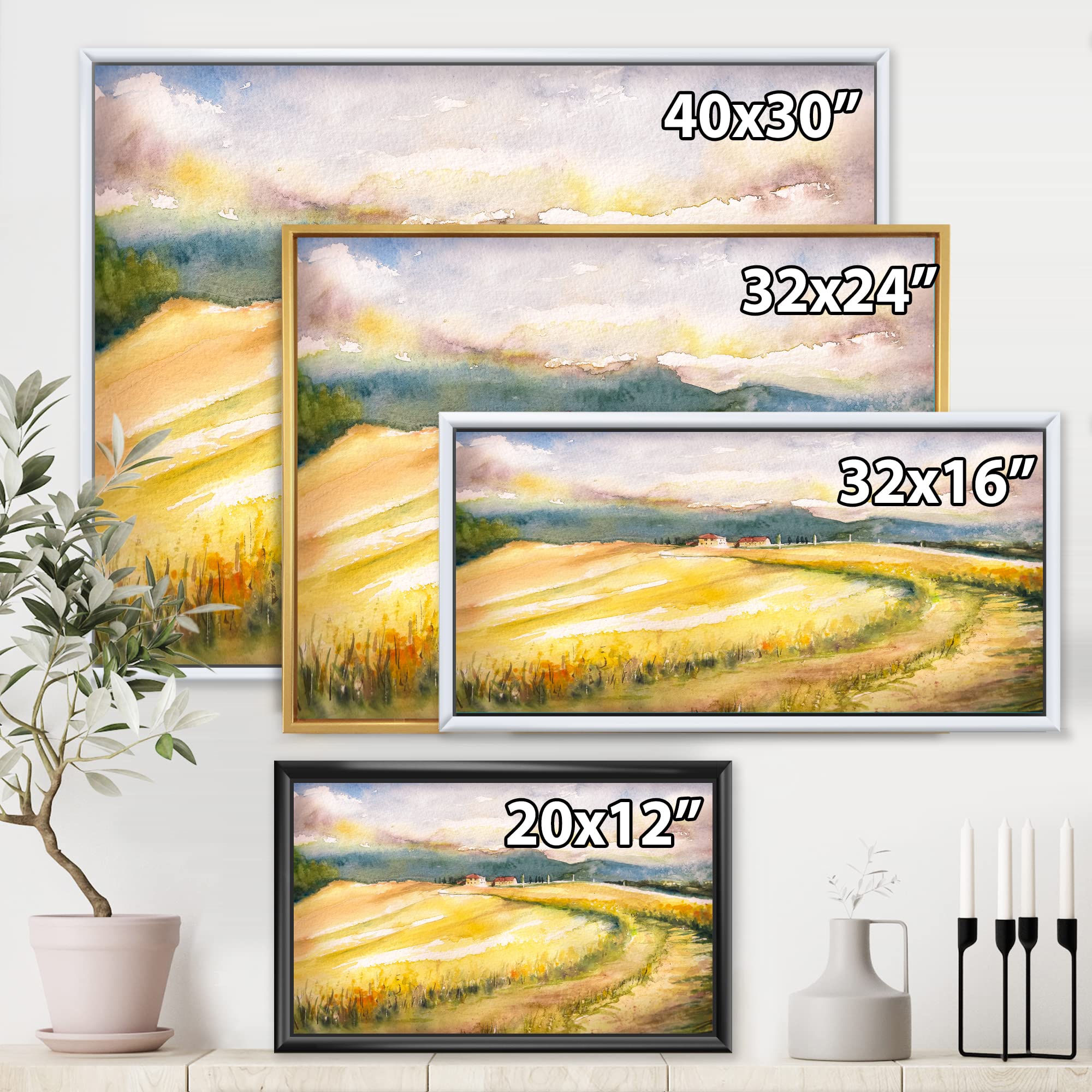 DesignQ Golden Fields of Tuscany Italy - Framed Canvas Wall Art Print for Living Room, Bedroom & Office Decor | Countryside Landscape Painting