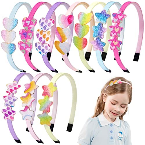 Sparkly Sequins Hair Bands for Girls - 10PCS Rainbow Glitter Headbands with Teeth, Cute Kids Bling Alice Bands (Star & Heart Designs) - Perfect for Birthday Parties, Dance Performances & Dress-Up Play