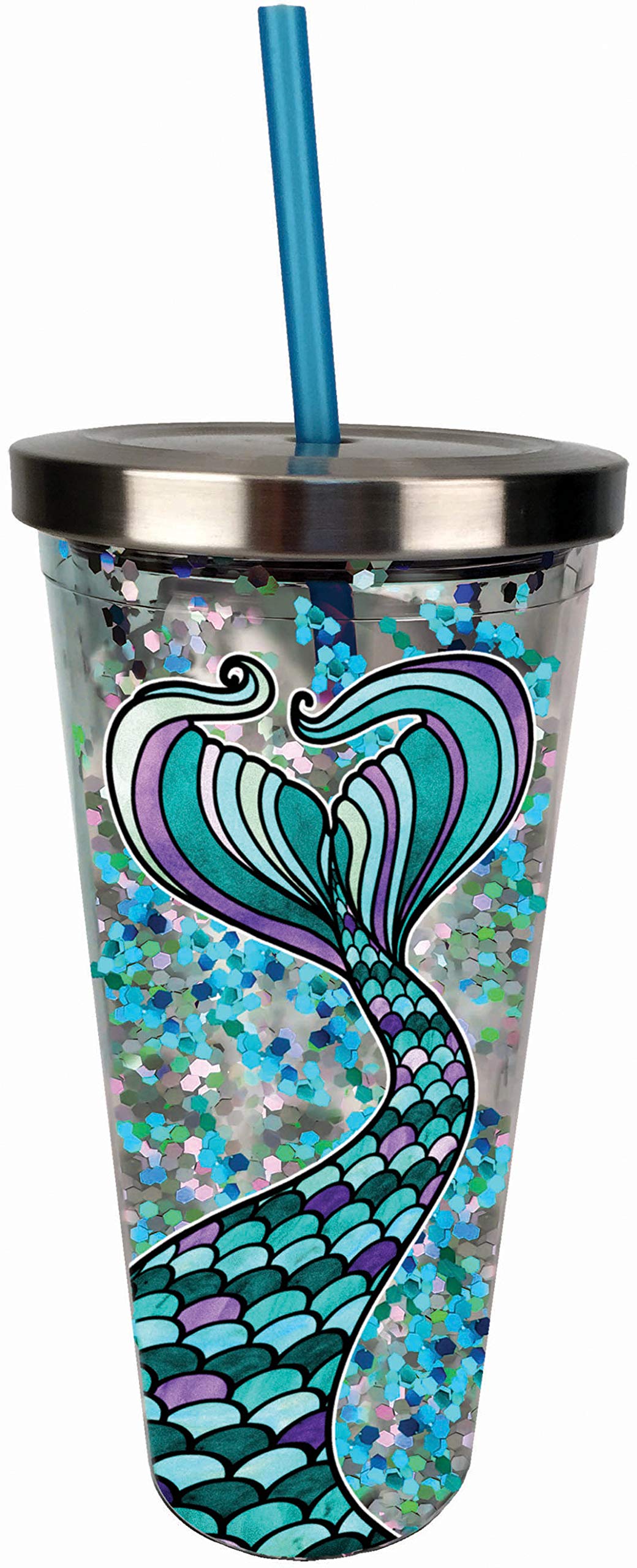 Spoontiques 20oz Mermaid Glitter Tumbler with Straw - Insulated Stainless Steel Cup for Iced Coffee, Smoothies & Beach Drinks | Perfect for Pool Parties, Summer Vacations & Gift Giving