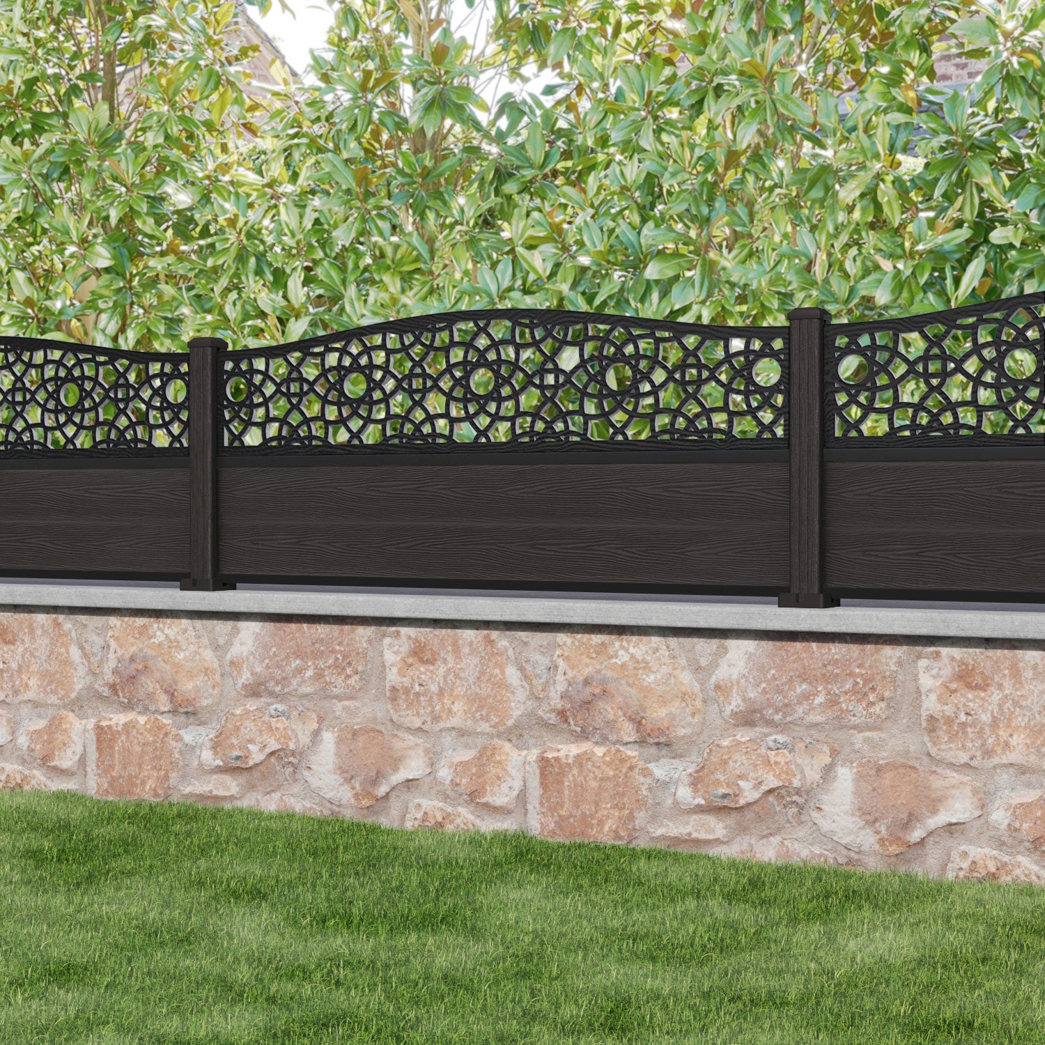 Dark Oak Classic Amber Curved Top Fence Panel with Composite Posts - Durable Privacy Fencing for Backyard, Garden, and Outdoor Decor