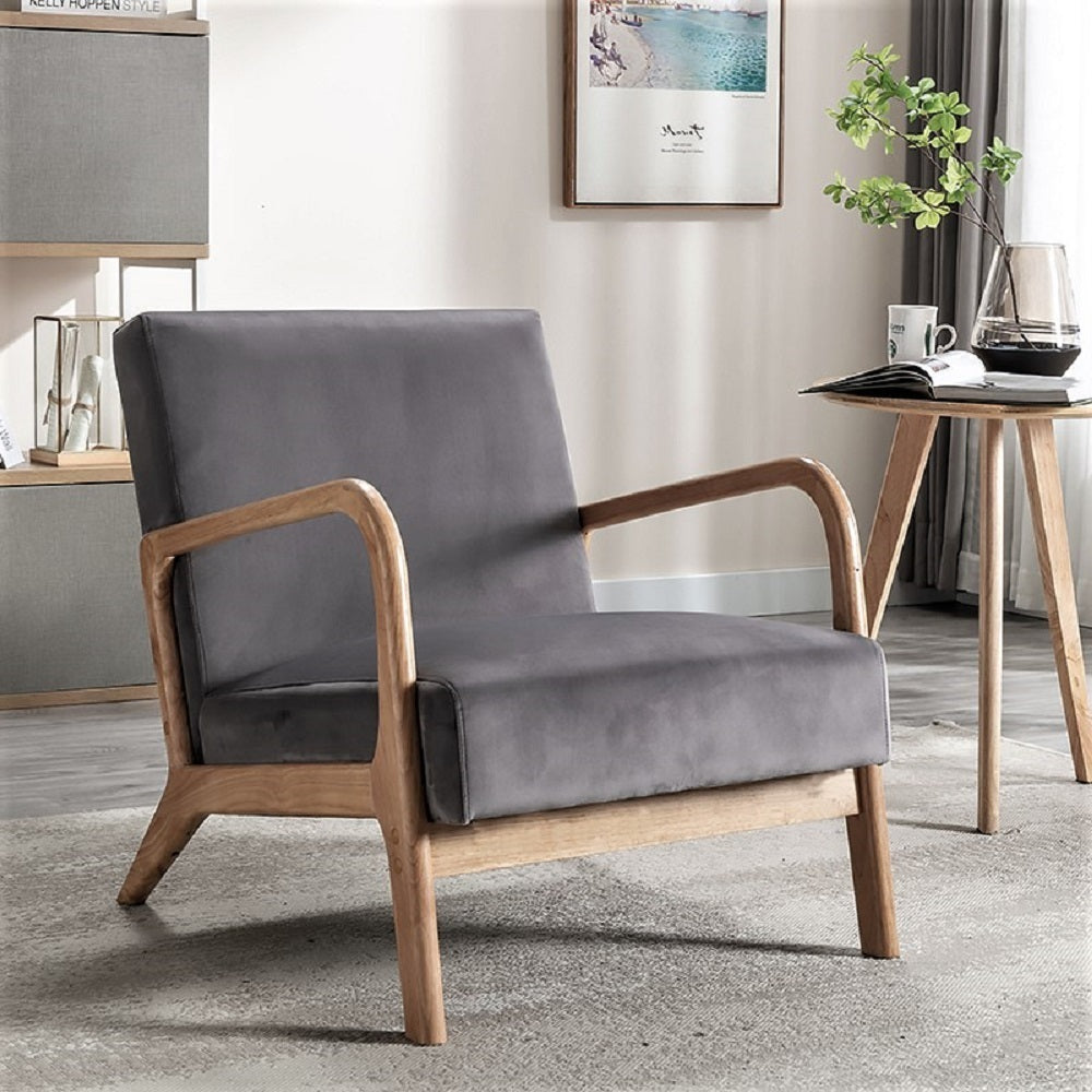 Mid Century Modern Accent Chair - Espresso Finish Open Frame Armchair with Plush Velvet Cushion, Gray - Stylish Living Room & Bedroom Seating for Home Decor