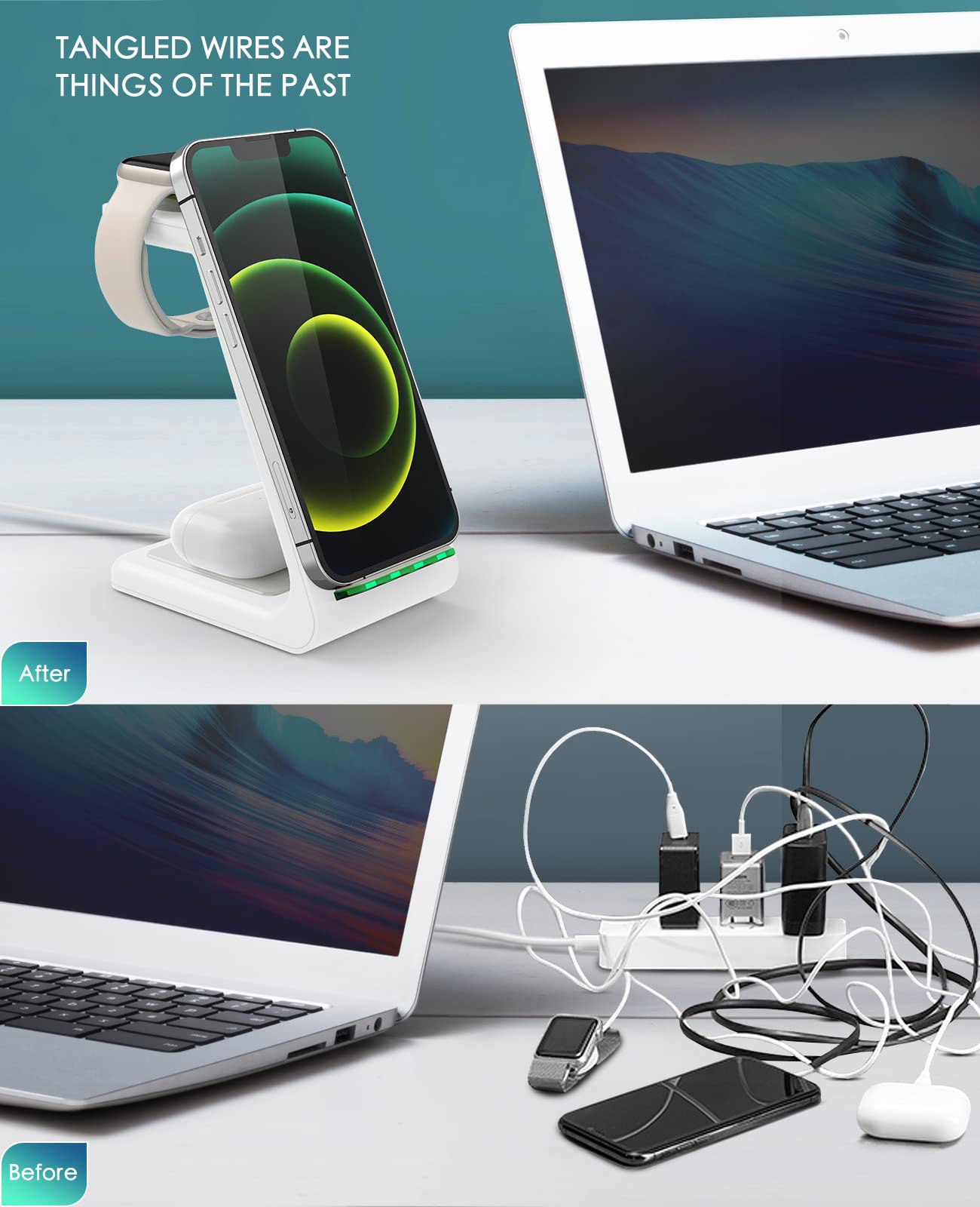 3-in-1 Fast Wireless Charging Station for iPhone 15/14/13/12/11 Pro Max/X/Xs/8 Plus, AirPods Pro/3/2 & Apple Watch Series 9/8/7/6/5/SE - Multi-Device Desk Charger Stand for Home & Office Use