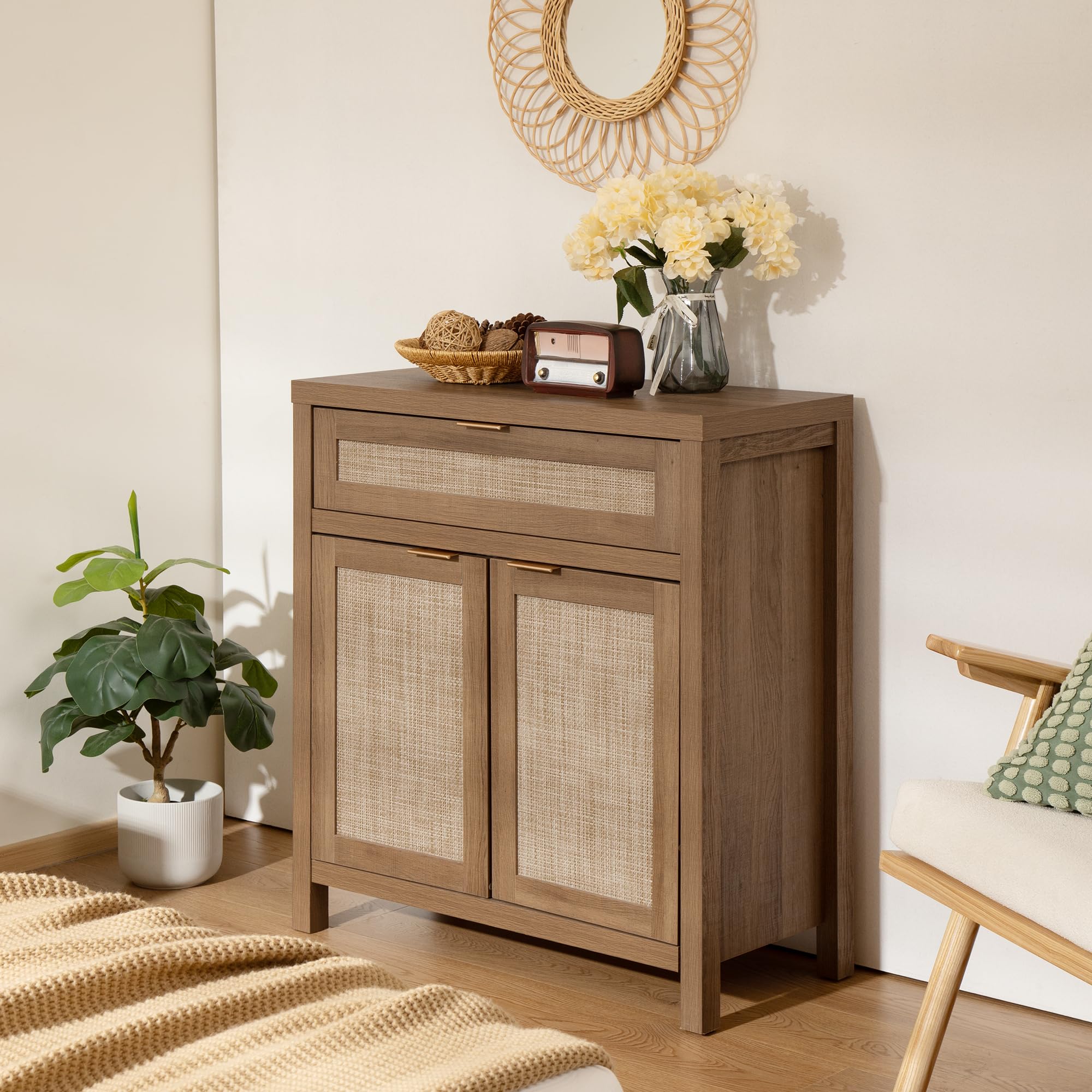 SICOTAS 2-Piece Rattan Sideboard Buffet Cabinet Set, Boho Farmhouse Credenza Storage with Drawers, Natural Oak Console Table for Coffee Bar, Entryway, Living & Dining Room - Perfect for Home Decor, Entertaining & Storage Solutions