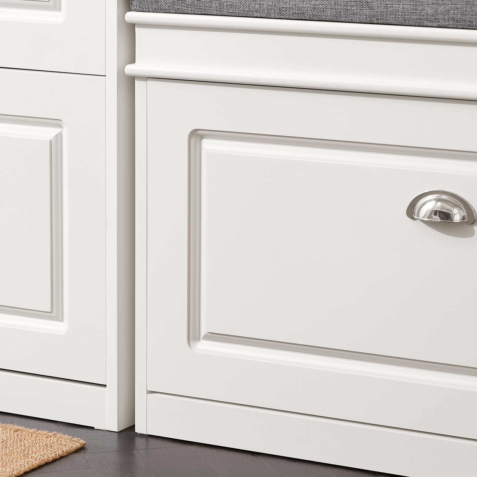 White Narrow Shoe Storage Bench with Cushion - 2-Tier Flip-Drawer Entryway Shoe Cabinet for Hallway, Closet & Mudroom Organization (FSR82-L-W) - Perfect for Small Spaces & Home Entry Organization