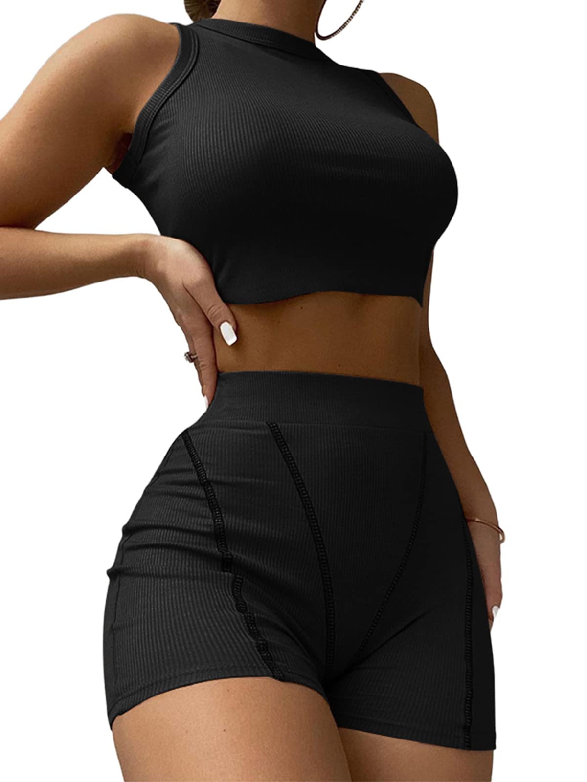 Women's Ribbed 2-Piece Outfit - Crop Tank Top & High Waist Bodycon Shorts | Yoga, Workout, Running Activewear Set | Gym, Lounge, Streetwear Fashion