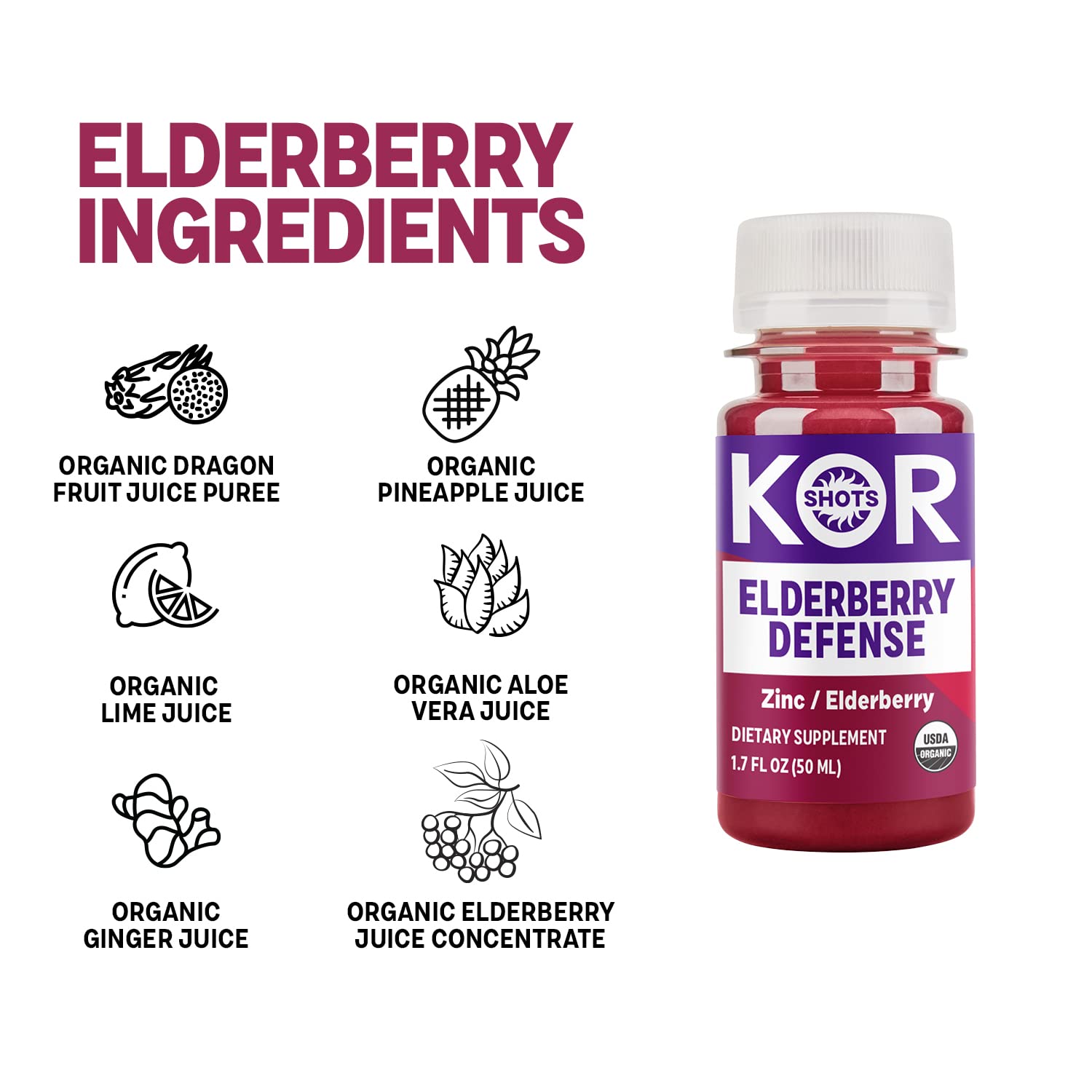 KOR Shots Elderberry and Zinc Immunity Booster - 24 Pack x 1.7 Fl Oz - USDA Certified Organic - Supports Immune Health for Cold & Flu Season, Travel, and Daily Wellness