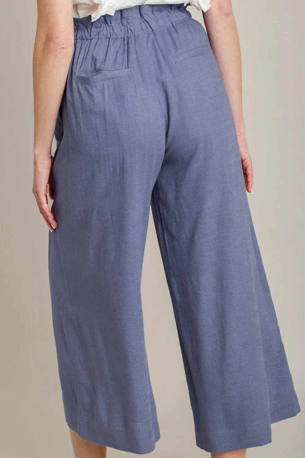 Full Size Dusty Blue Linen Wide Fit Pants with Drawstring - Comfortable Casual Wear for Women, Summer Beach Vacation Outfits