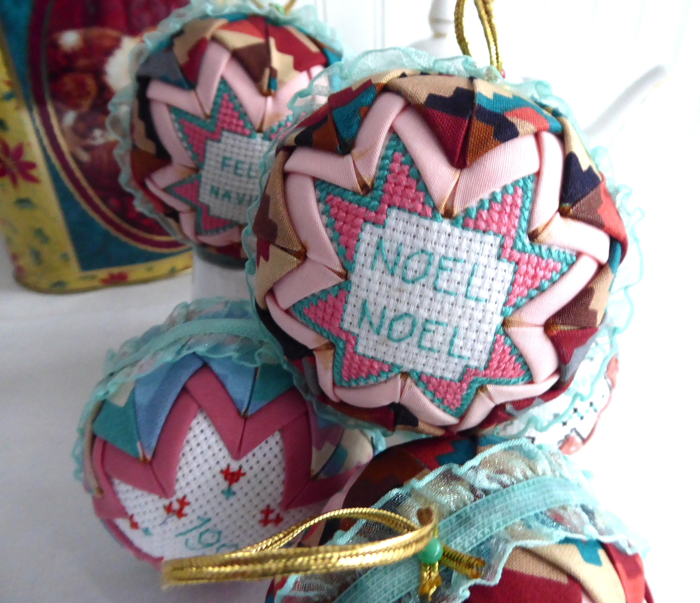 Handmade Cross Stitch Christmas Ornaments Set of 5 - Aqua, Salmon Pink & Burgundy Patchwork Decorations for Holiday Tree, Gift Giving & Festive Home Decor