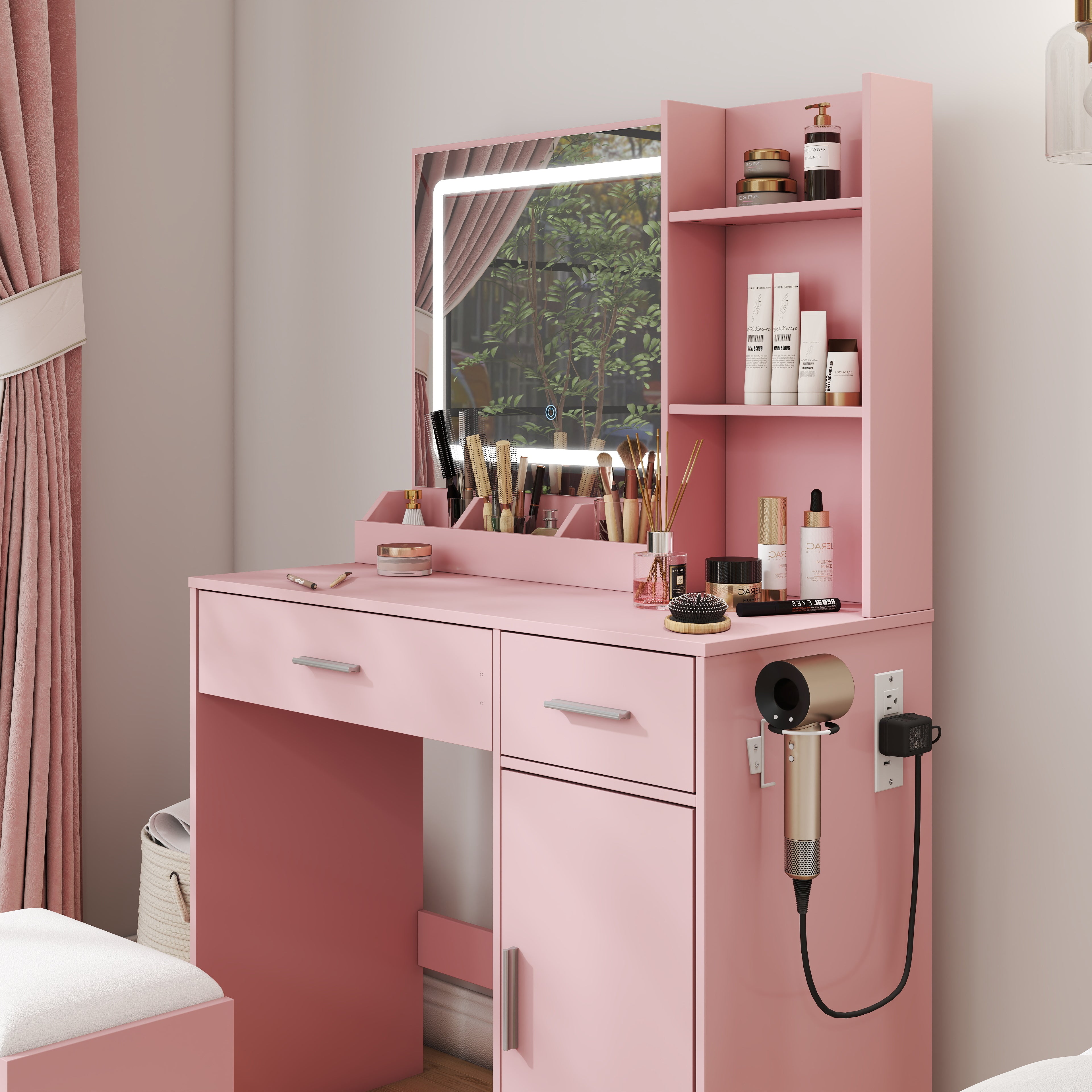 Roundhill Furniture Lavin Makeup Vanity Set with LED Light Mirror & Charging Station - White Vanity Desk & Stool for Bedroom, Dressing Room & Beauty Salon | Modern Makeup Table with Storage & USB Ports