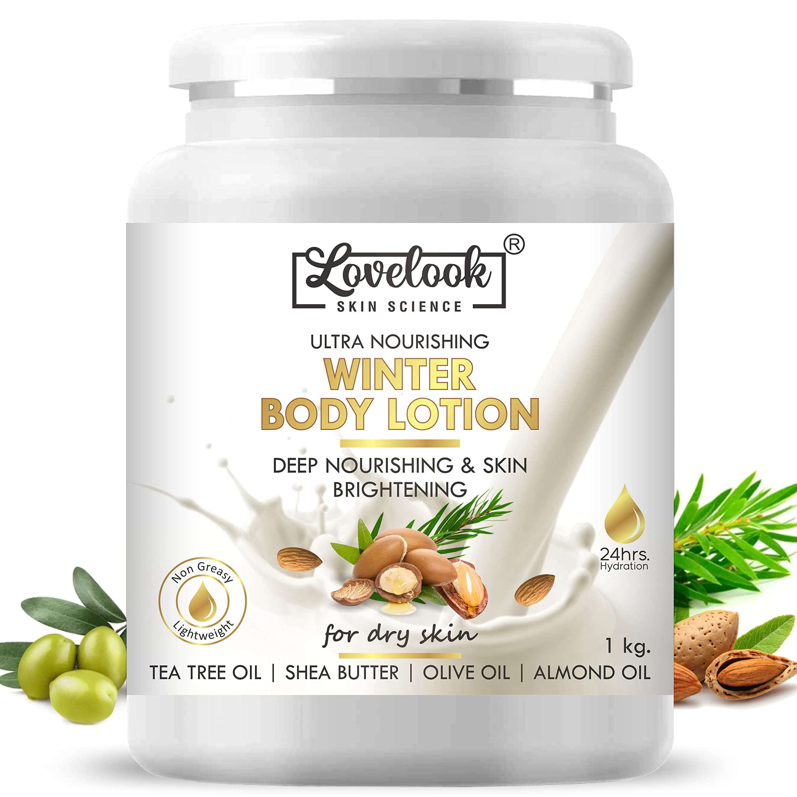 Lovelook Tea Tree Oil & Shea Butter Body Moisturizer - Winter Edition Deep Hydrating Lotion for Dry Skin (1Kg/35.2oz) - Perfect for Cold Weather & Daily Skincare Routine