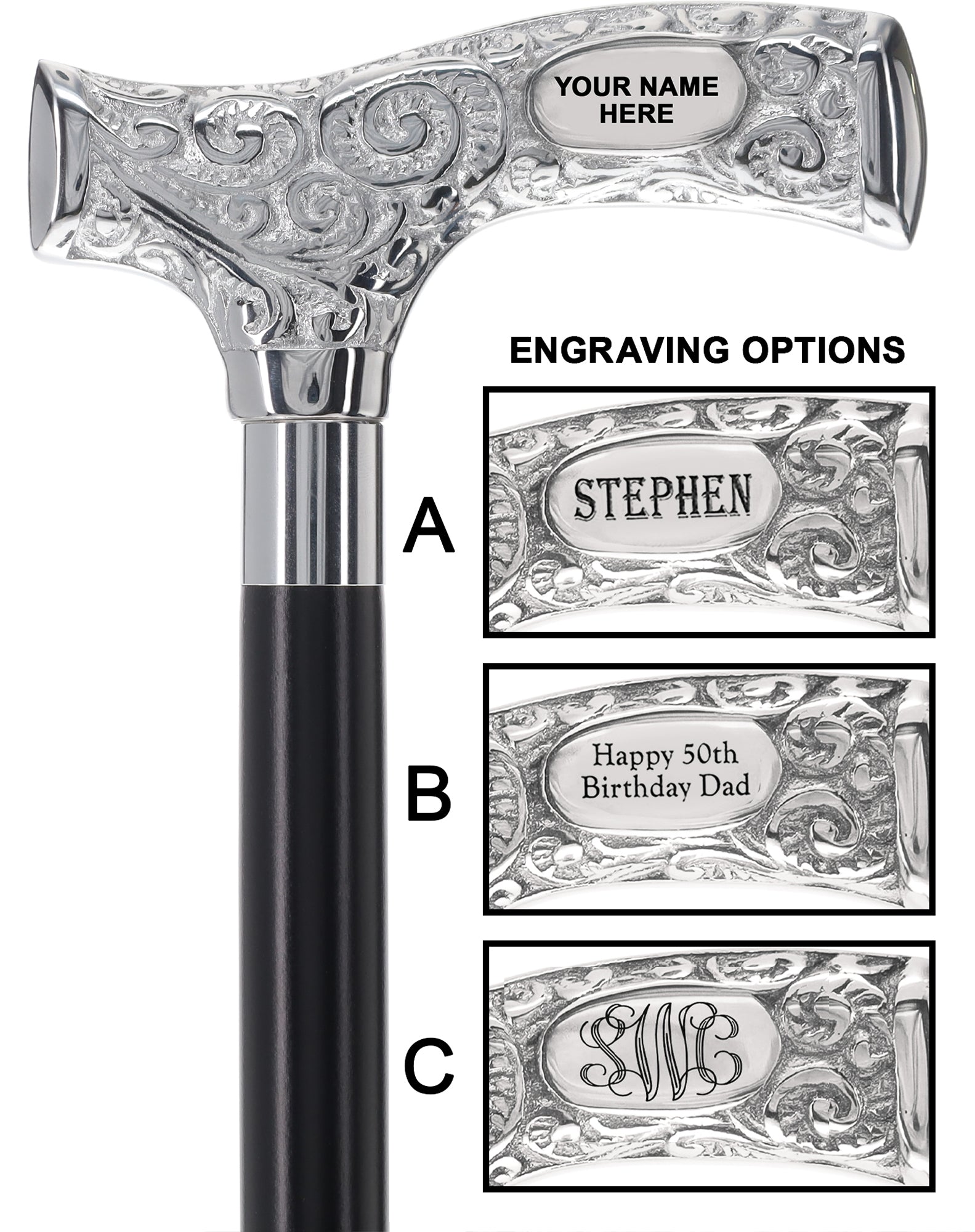 Personalized Chrome Walking Cane - Premium Engraved Cane for Men & Women - Ideal for Gifts, Weddings, and Special Occasions