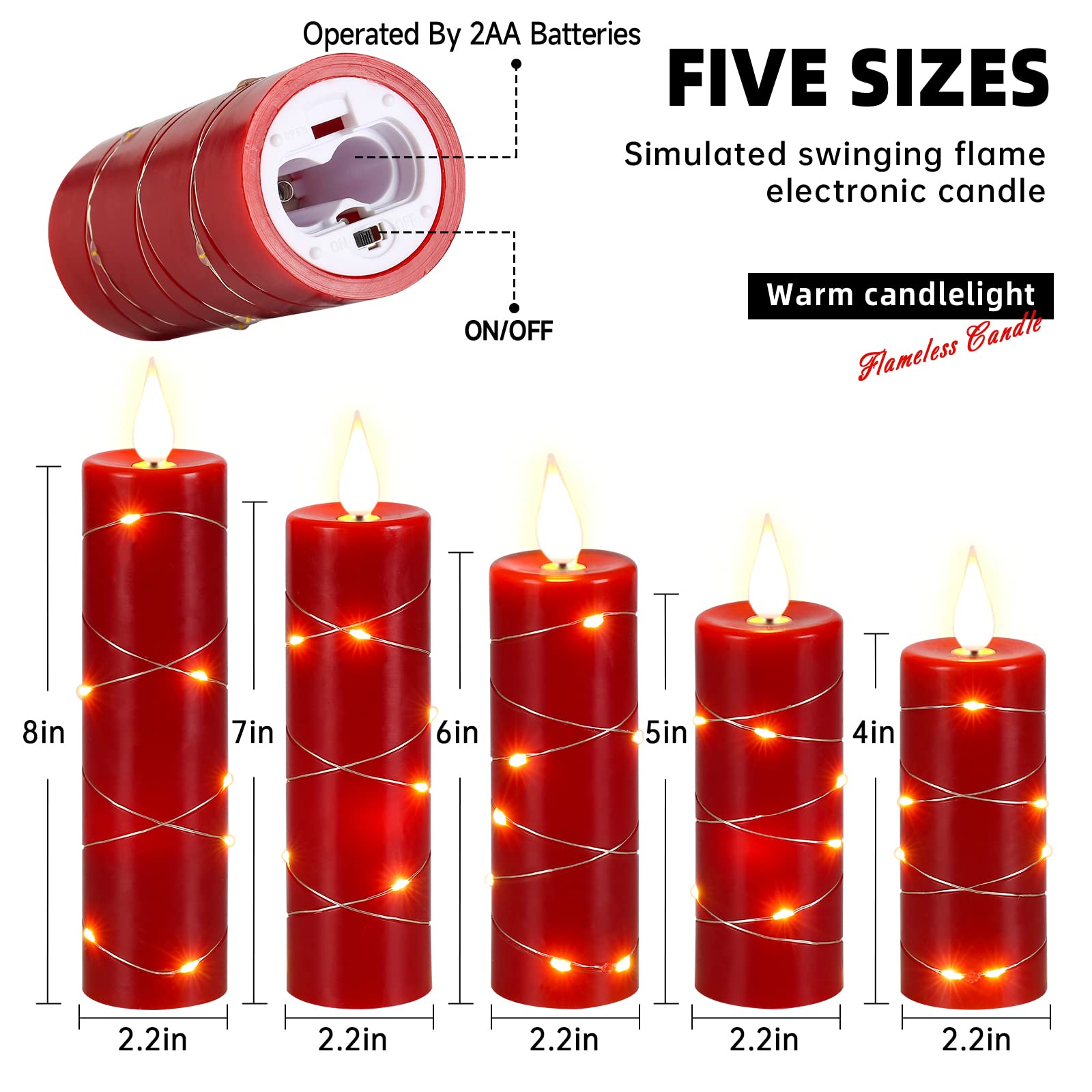 Upinmz Set of 5 Red Flameless LED Pillar Candles with Remote Control, Timer & Flickering String Lights - Battery Operated Decorative Candles for Home, Wedding, Party & Holiday Decorations