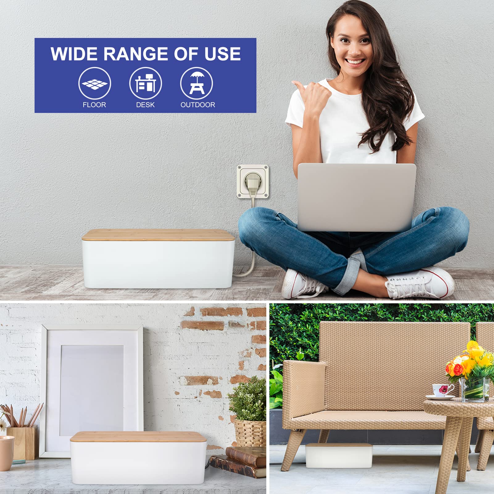 Wooden Style Cable Management Box - Hide Wires & Power Strips | Desk Computer Cord Organizer | Safe ABS Material | 12.6