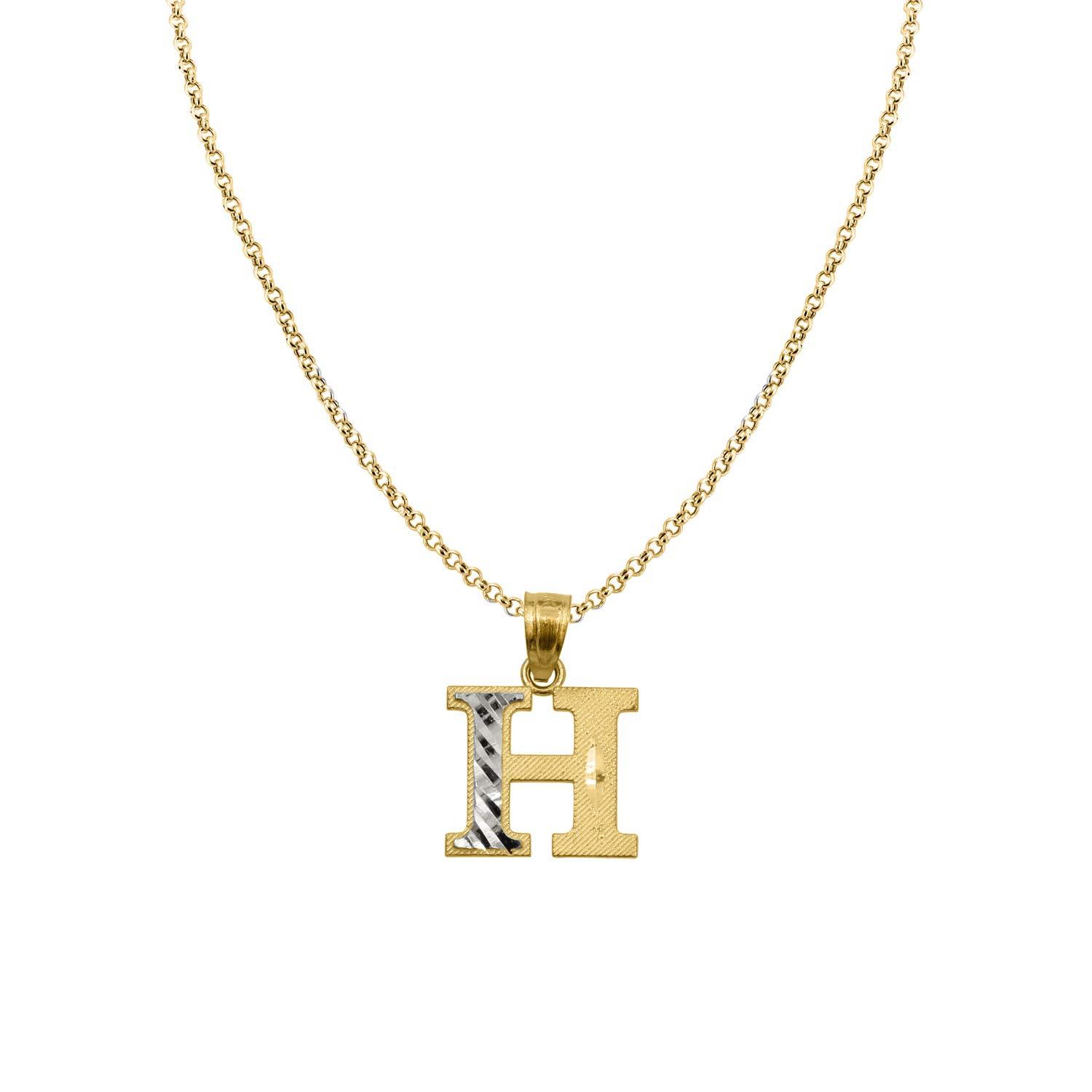 14K Two-Tone Gold Diamond-Cut Initial 'A' Pendant Necklace with 1.2mm Rolo Chain - Elegant Personalized Jewelry Gift for Women, Perfect for Birthdays, Anniversaries & Special Occasions