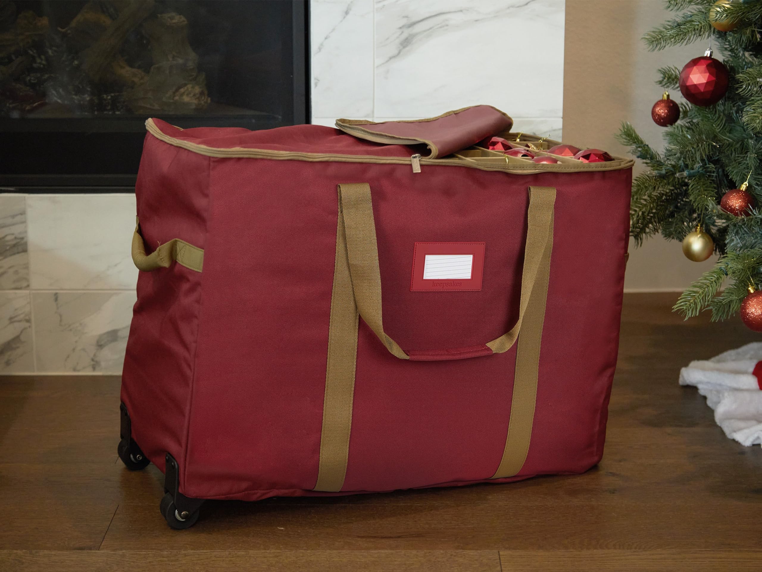 Covermates Keepsakes Rolling Adjustable Ornament Storage Bag with Carrying Handles - Padded Protection & Dual Wheels for Holiday Decorations (Red) - Perfect for Christmas Tree Ornaments, Holiday Decor Storage & Seasonal Organization