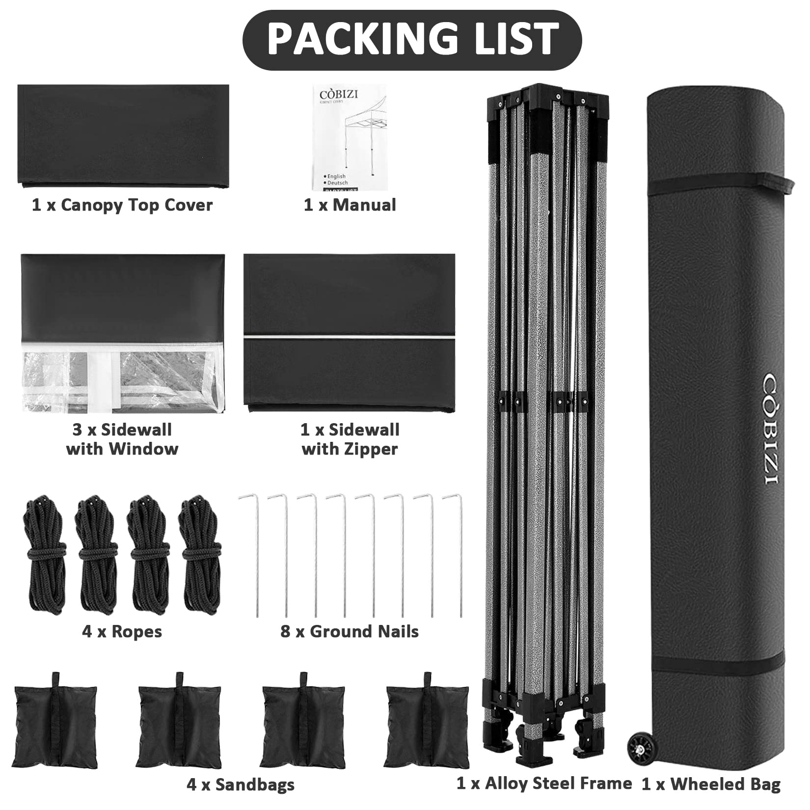 COBIZI 10x10 Pop Up Canopy Tent with 4 Sidewalls - Heavy Duty Waterproof Commercial Canopy for Outdoor Parties, Events, Camping & Backyard - Includes Wheeled Carry Bag (10x10ft, Black) | Perfect for Picnics, Farmers Markets, Beach Outings & Tailgating