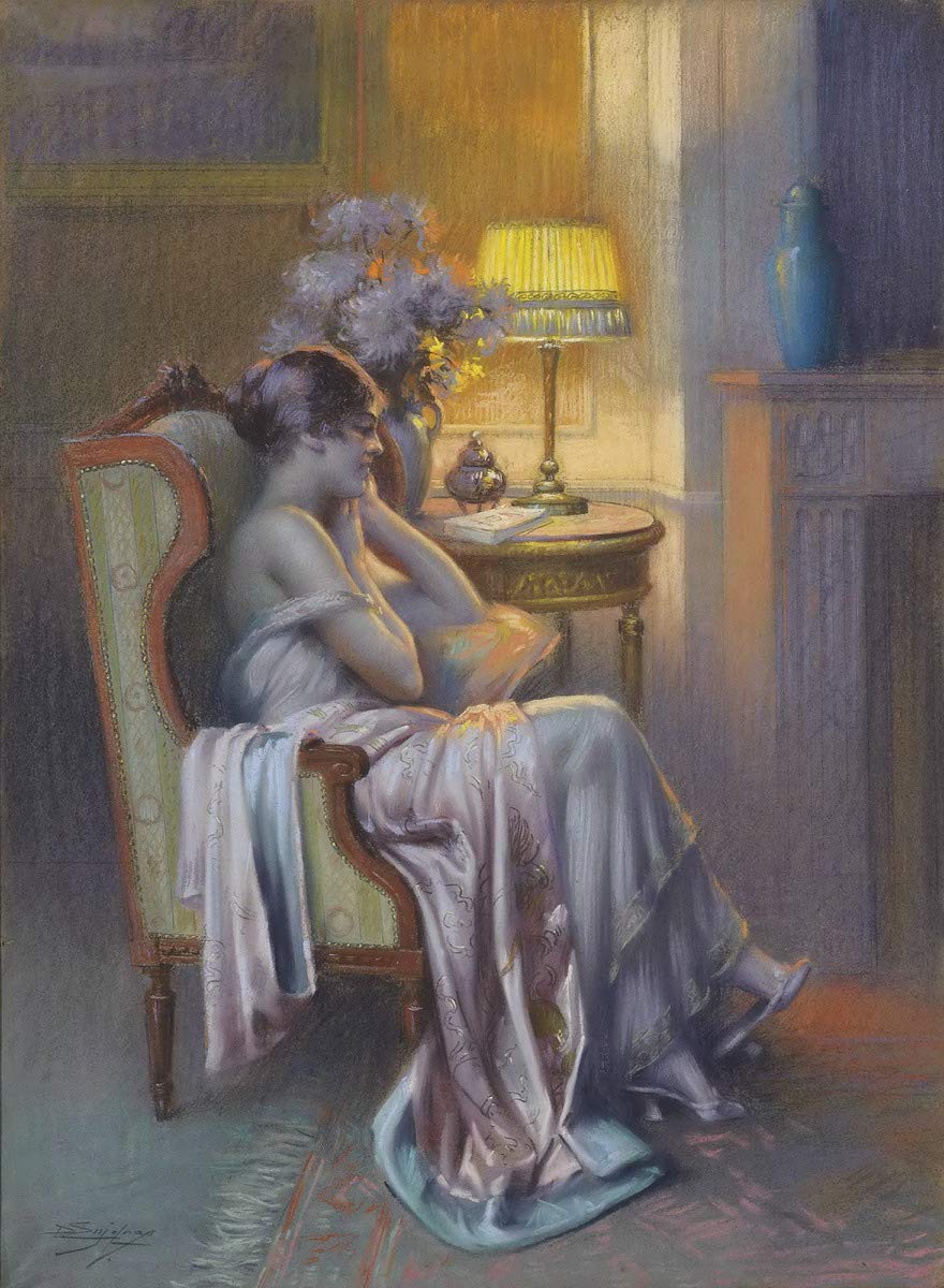 Berkin Arts Delphin Enjolras Giclee Print - Famous Oil Painting Reproduction Wall Art Decor (Contemplation by Lamplight) - Perfect for Living Room, Bedroom & Office Decoration