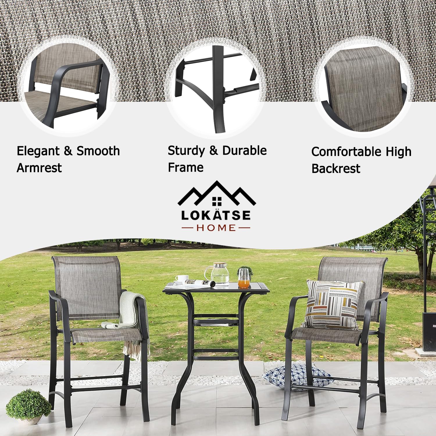 LOKATSE HOME 3-Piece Patio Bar Set - Counter Height Stools & Table - Outdoor Conversation Dining Furniture in Gray - Perfect for Backyard, Deck, and Garden Gatherings