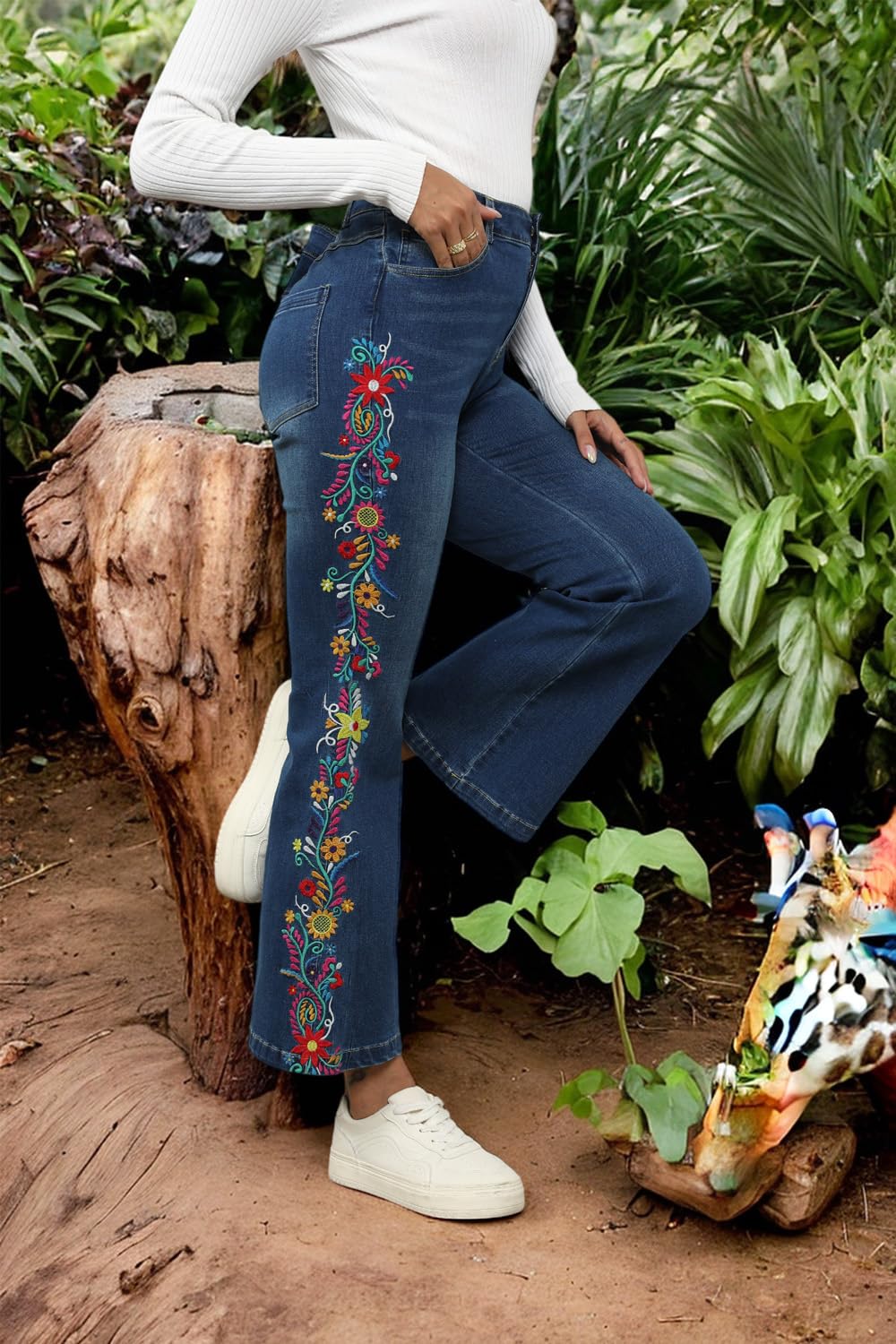 Trendy High Rise AK Flare Jeans for Women - Embroidered Denim with Pockets & Tummy Control for Casual Wear