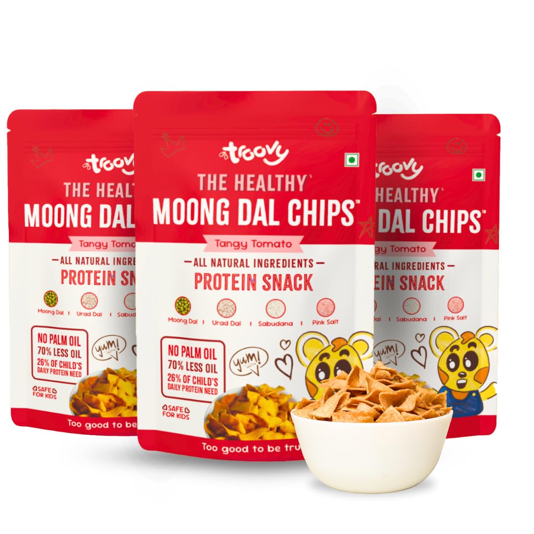 Troovy Healthy Tangy Tomato Moong Dal Chips - High Protein Snacks | No Junk, Chemicals or Trans Fats | 3 Pack (70g Each) | Perfect for Keto Diet, Office Snacking & Healthy Lifestyle