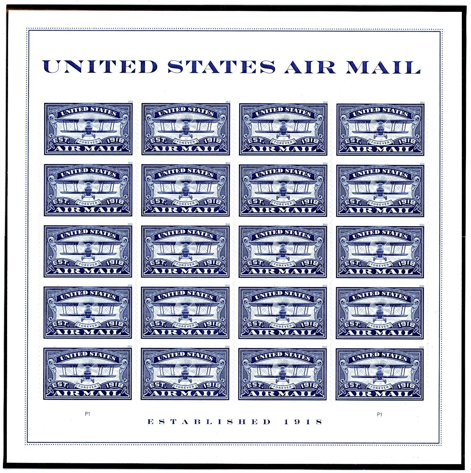 Blue Jenny Airplane Forever Stamps - Sheet of 20 for Collectors & Mail