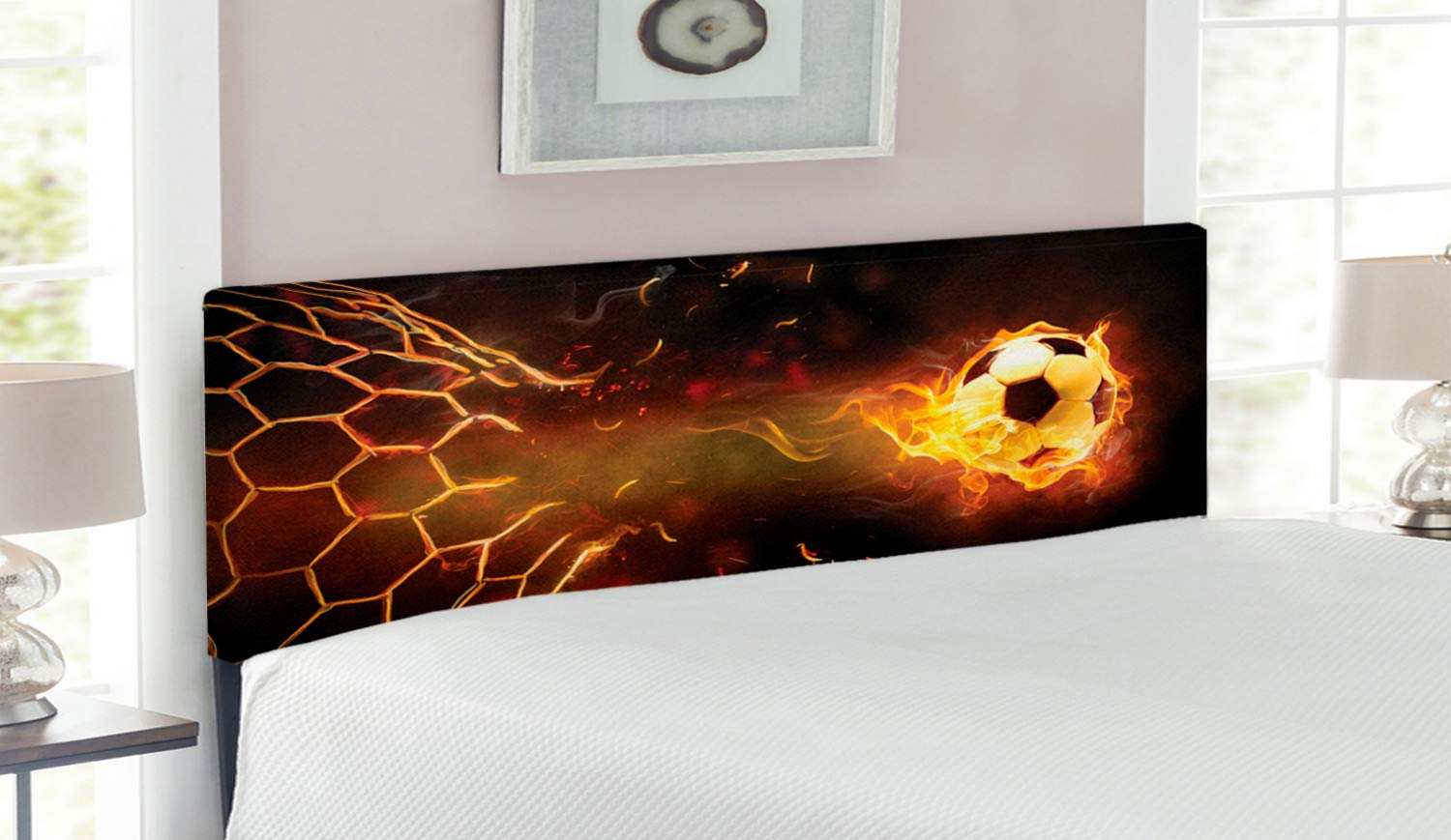 Lunarable Sports Headboard - Football Theme Upholstered Metal Bed Headboard with Memory Foam, Queen Size, Yellow & Black | Perfect for Sports Fans' Bedroom Decor & Game Room Theme