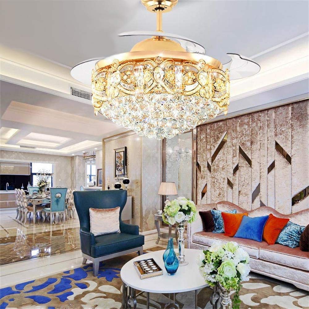 Modern Crystal Ceiling Fan with Lights & Remote - Invisible Retractable Chandelier Fan with 3 LED Light Settings, Rose Gold - Perfect for Dining Room, Bedroom, Living Room & Home Decor