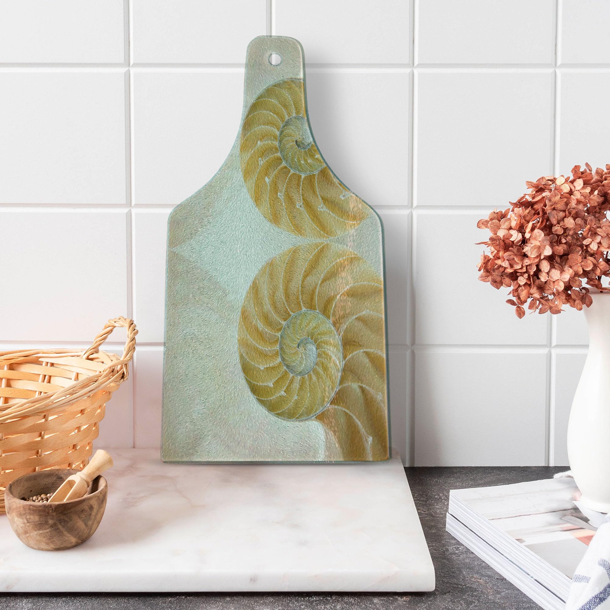 Ambesonne Seashells Cutting Board - 2-Sided Geometric Mirrored Symmetric Design, Tempered Glass Serving Board for Kitchen & Dining - Wine Bottle Shape in Cream White - Perfect for Cheese, Charcuterie & Wine Pairing