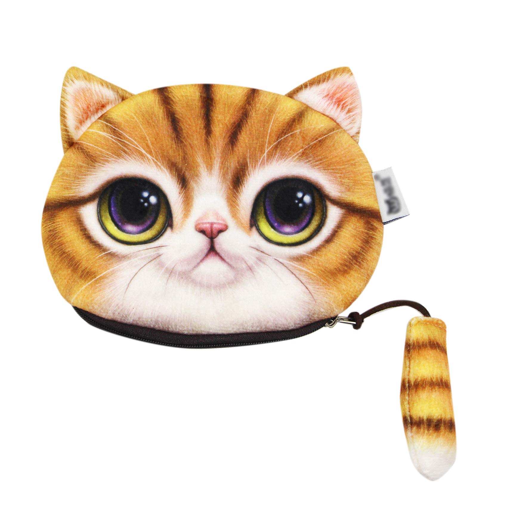 3D Plush Cat Face Coin Purse - Cute Kitty Money Bag with Tail Zipper, Yellow Wallet for Cash & Cards | Perfect for Makeup Storage, Gift Giving & Cosplay Accessories