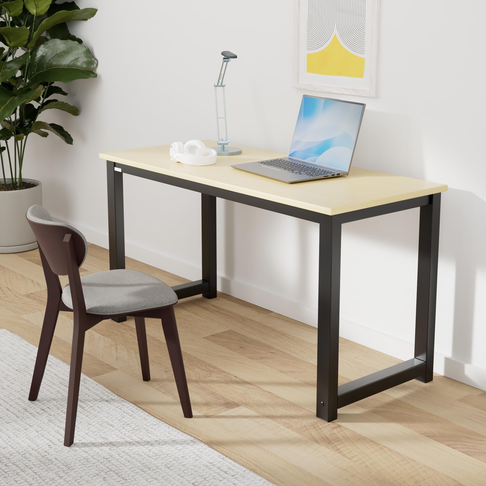 55 Inch Modern Industrial Computer Desk - Home & Office Workstation for PC & Laptop - Sturdy Oak Writing Table with Leg Bars - Perfect for Study, Gaming & Remote Work