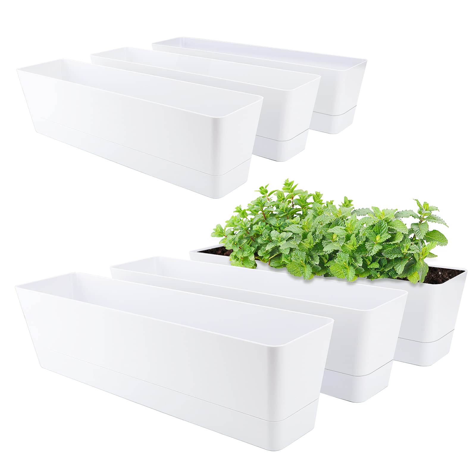 GREANER 6 Pack 16x3.8 Inch White Plastic Window Box Planters with Drainage Trays - Indoor Outdoor Flower Pots for Succulents, Cactus, Vegetables - Perfect for Balcony, Office, Garden, Windowsill Decor & Planting