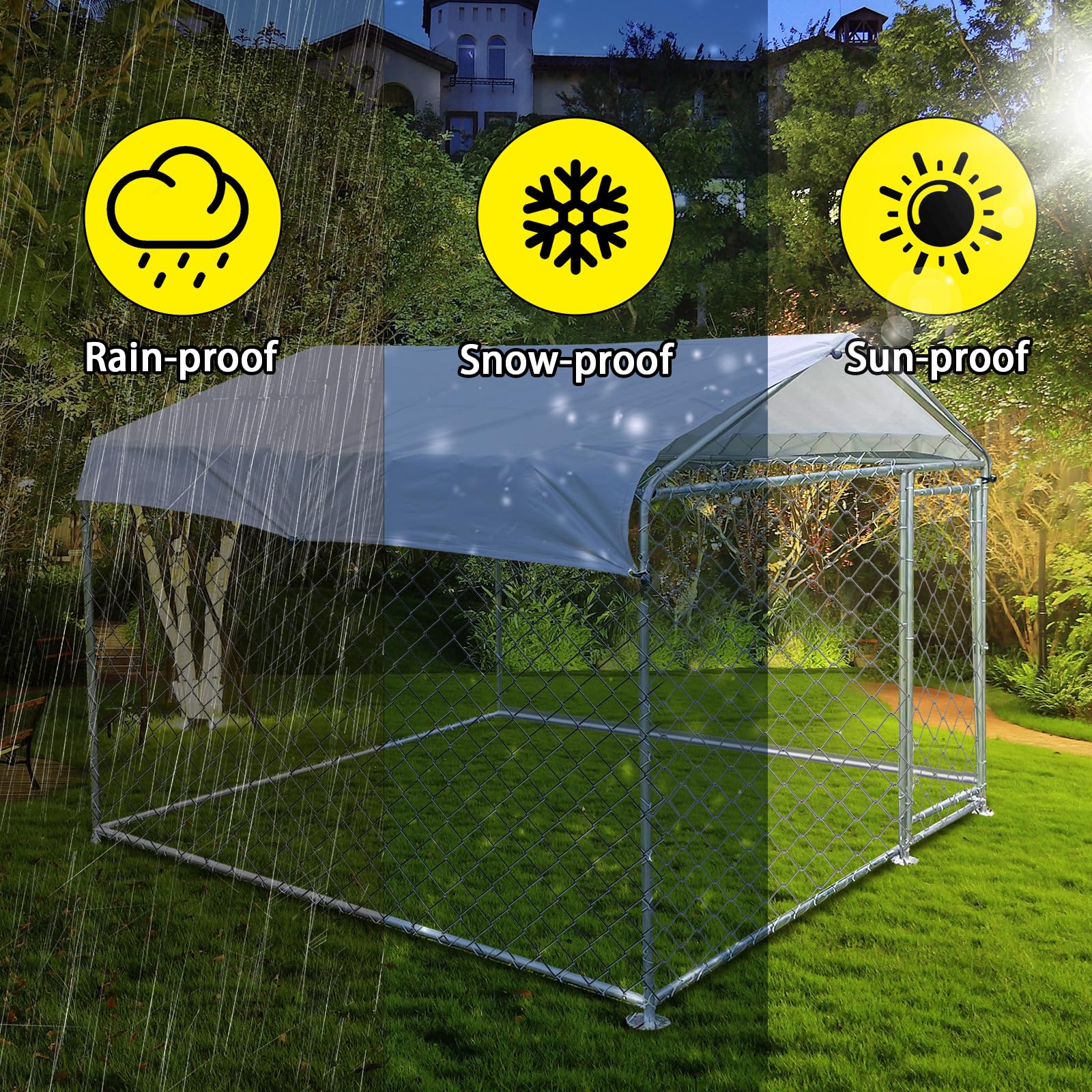 6.6 x 6.6FT Heavy Duty Outdoor Dog Kennel with Roof - Rust-Proof Chain Link Dog Cage for Backyard, Waterproof & UV-Resistant Cover - Perfect for Large Dogs, Pet Safety & Outdoor Playtime