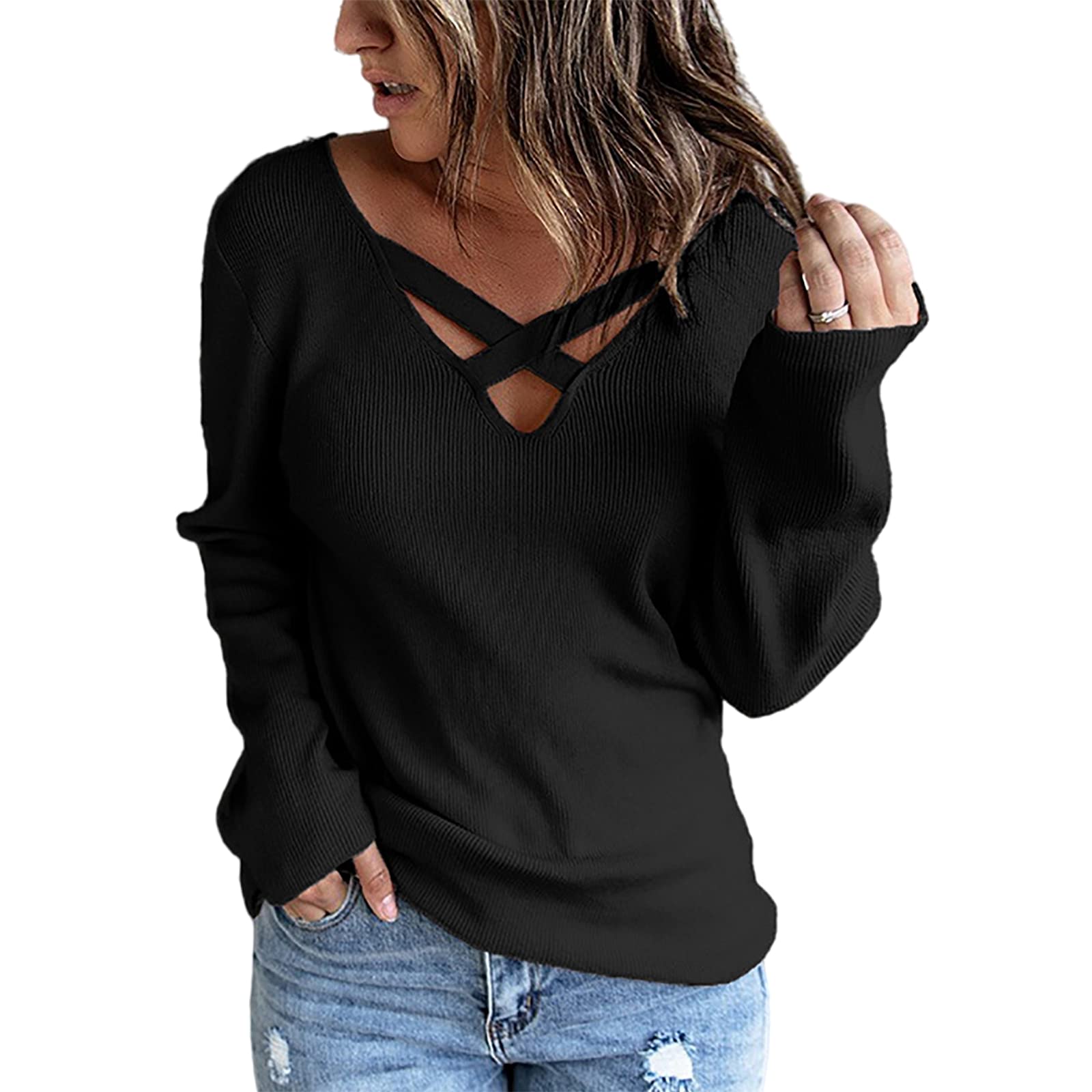 Opocos Women's Casual V-Neck Knit Sweater - Long Sleeve Loose Fit Pullover Jumper Top for Fall & Winter | Cozy Office Wear, Weekend Outfits, Layering Essential