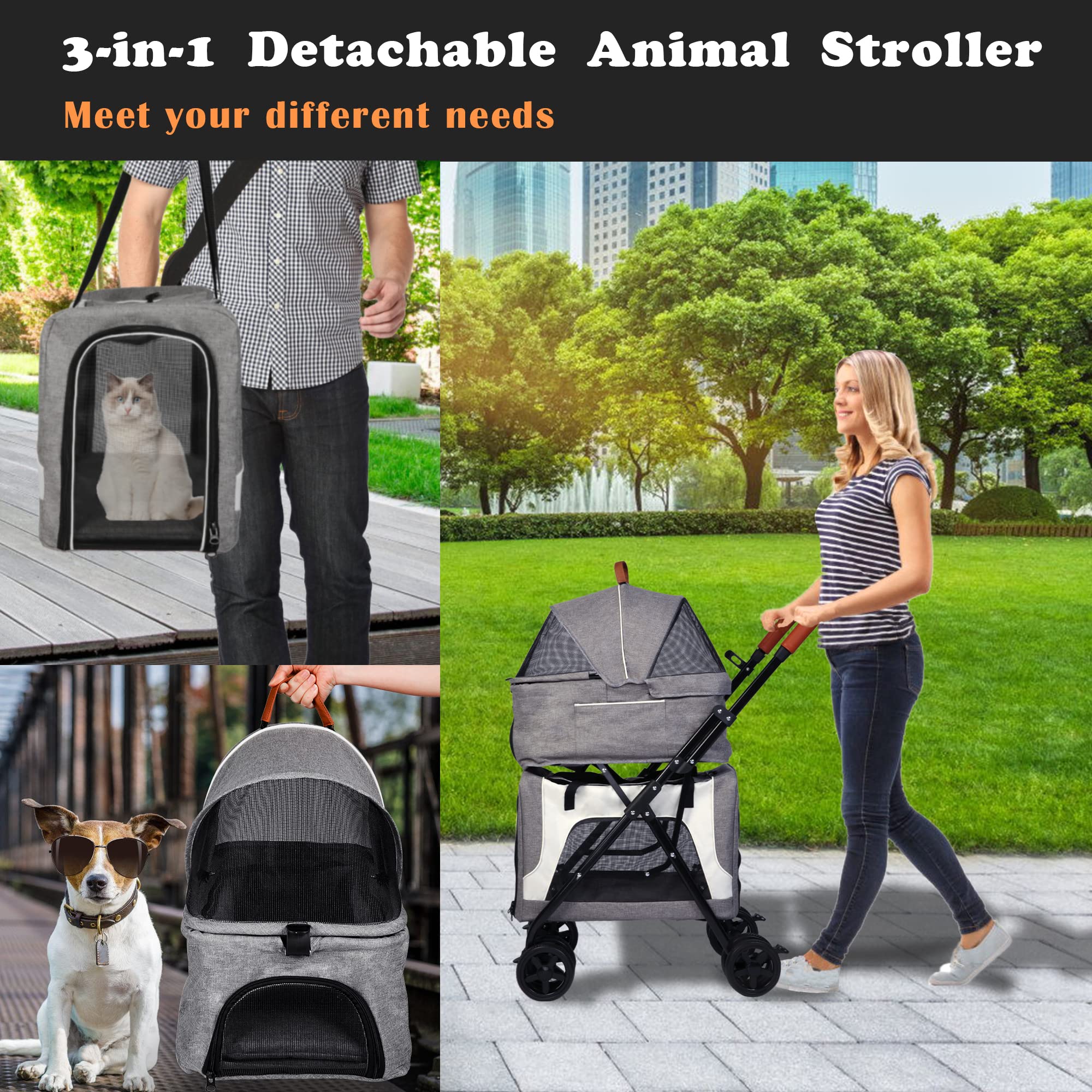 Detachable Double Dog & Cat Stroller - 3-in-1 Portable Pet Carrier with Waterproof Design, 4-Wheel Jogging Cart | Foldable for Travel, Walks & Outdoor Adventures