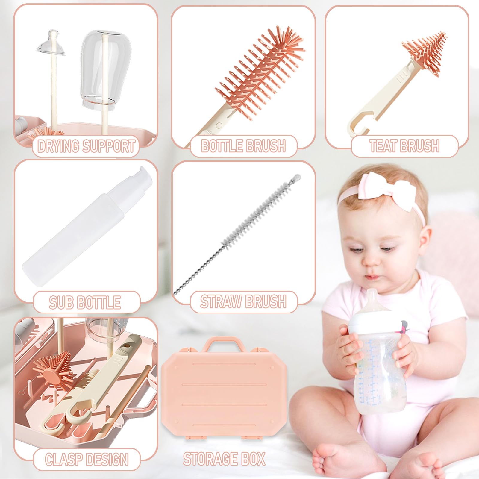 KBAKOS 6-in-1 Baby Bottle Brush Set - Silicone Cleaning Kit for Travel & Home Use