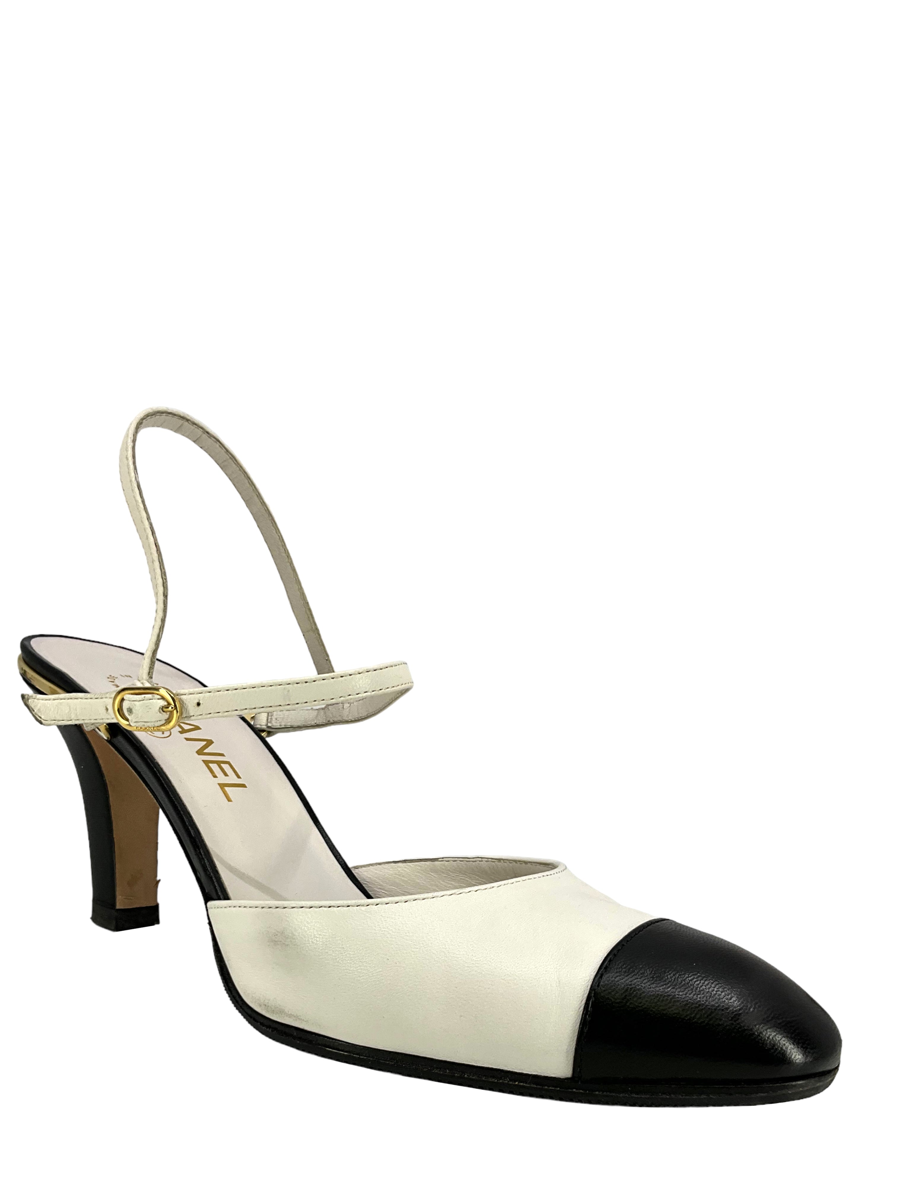 CHANEL 17P Lambskin Cap Toe Slingback Heels - Women's Size 8.5 (US) | Luxury Designer Shoes for Parties, Weddings & Special Occasions