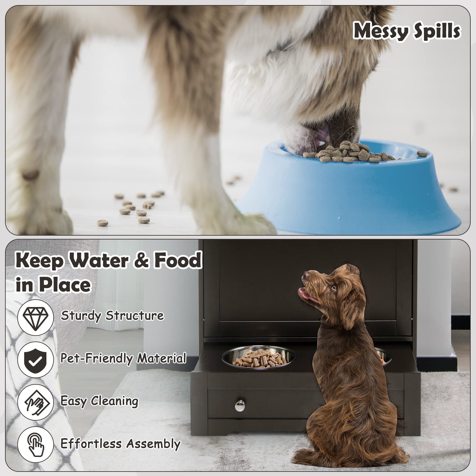 PETSITE Large Pet Feeder Station - Dog Food Storage Cabinet with Stainless Steel Double Pull-Out Raised Bowls for Feeding & Watering Supplies, Pet Toy Organizer (Brown) - Perfect for Kitchen, Laundry Room or Garage Pet Feeding Station