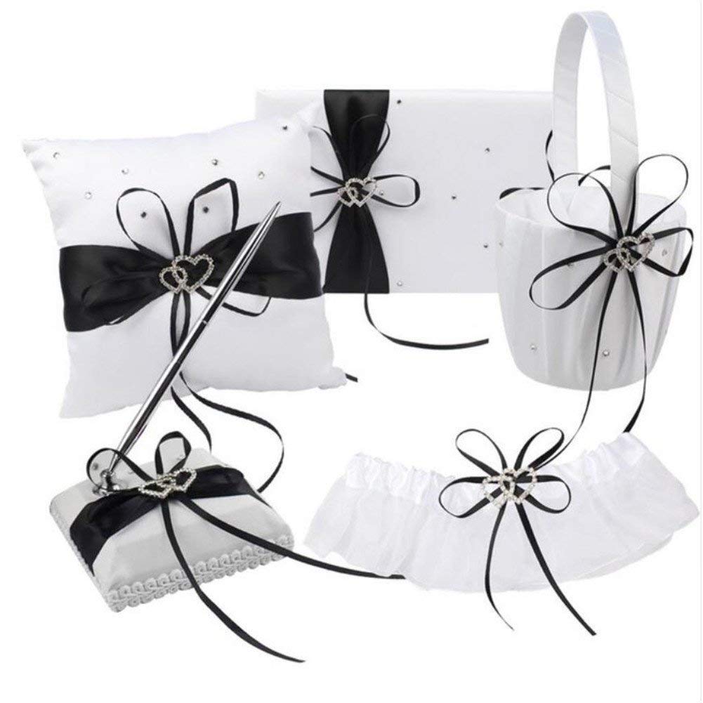 5-Piece Black Wedding Accessories Set - Wedding Guest & Ceremony Supplies, Party Favors, Flower Girl Basket, Guest Book Pen, Ring Pillow & Garter - Perfect for Wedding Ceremonies, Receptions & Bridal Showers