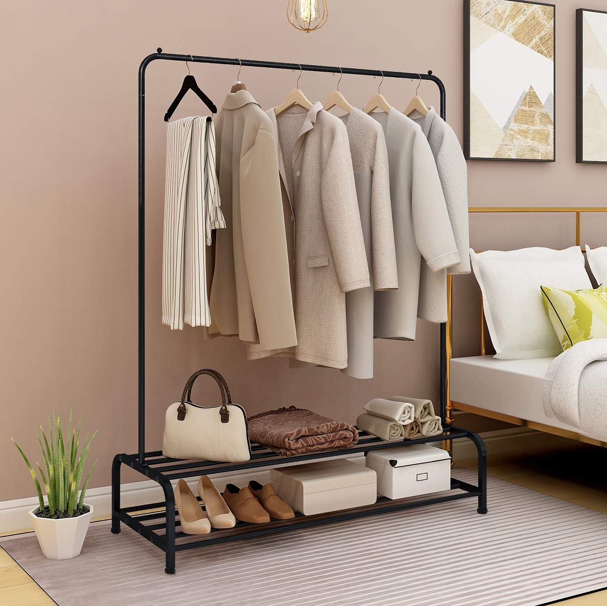 JURMERRY Heavy Duty Metal Clothes Rack with 2-Tier Shelves - Garment Rack with Top Rod & Lower Storage Shelf for Closet Organization (Black) - Perfect for Bedroom, Laundry Room, or Retail Store Display