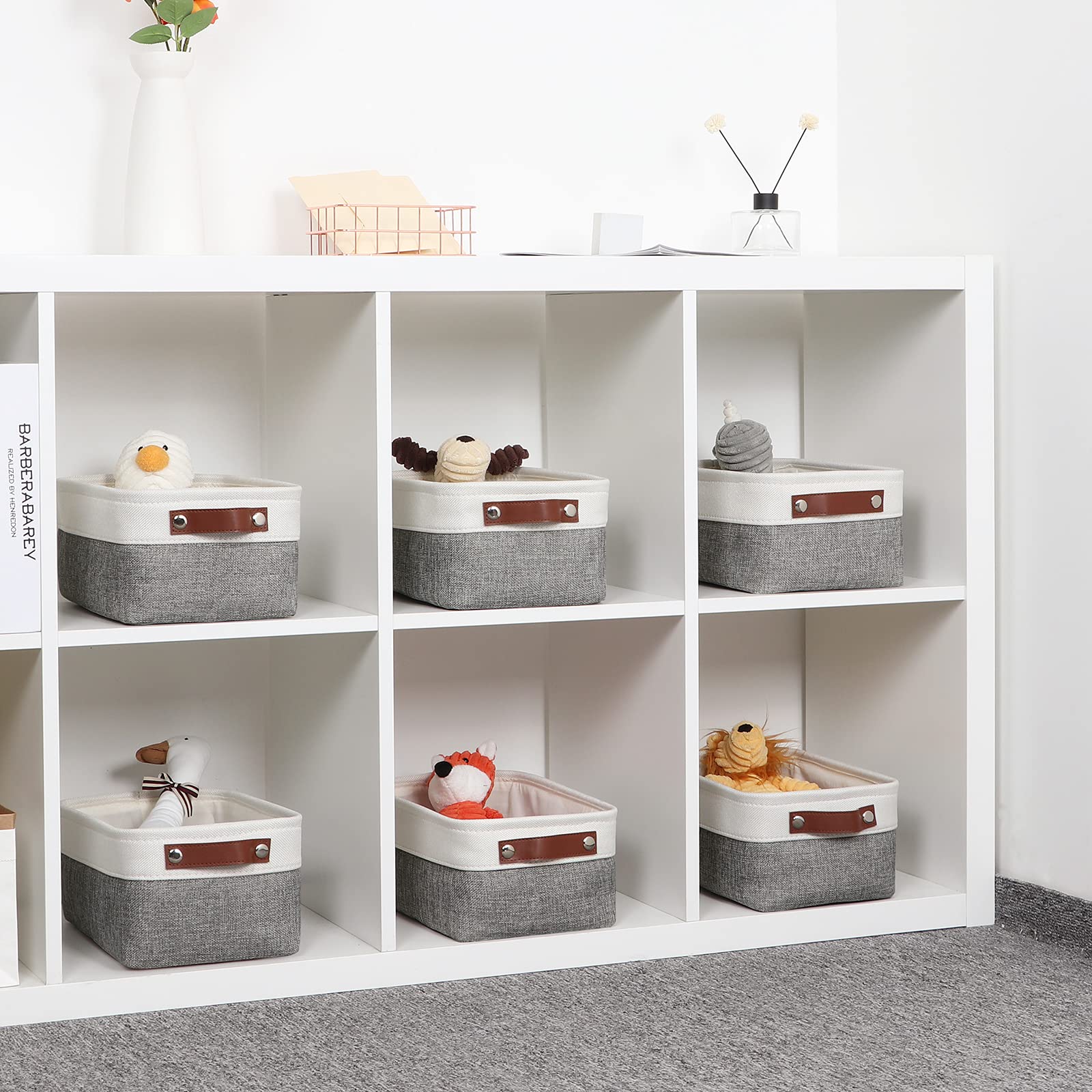 DULLEMELO Foldable Storage Baskets Set - 4 Large 12x12x12 Inch Cube Bins & 6 Small 11.8x7.9x5.1 Inch Organizer Baskets (White & Grey) | Space-Saving Closet, Nursery, Bathroom & Office Organization Solution