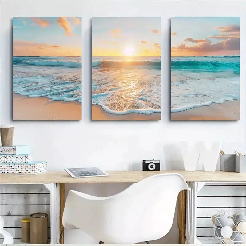 3-Piece Beach Sunset Wall Art Set - Framed Canvas Prints 50x70cm (20x28in) - High Quality Australian Made Wall Decor for Living Room, Bedroom & Office - Ready to Hang Coastal Home Decor