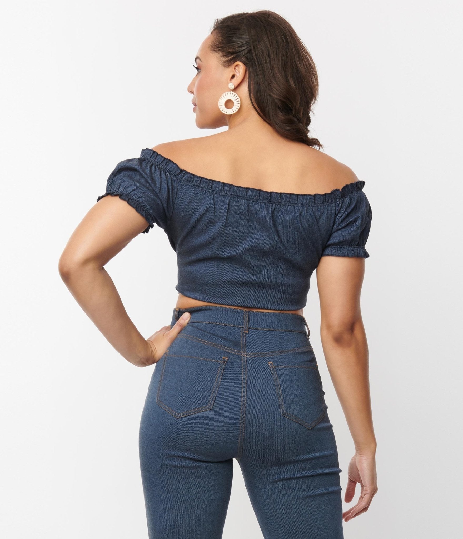 Vintage Denim Puff Sleeve Off-the-Shoulder Crop Top for Women | Retro 90s Fashion | Perfect for Music Festivals, Date Nights & Summer Outfits
