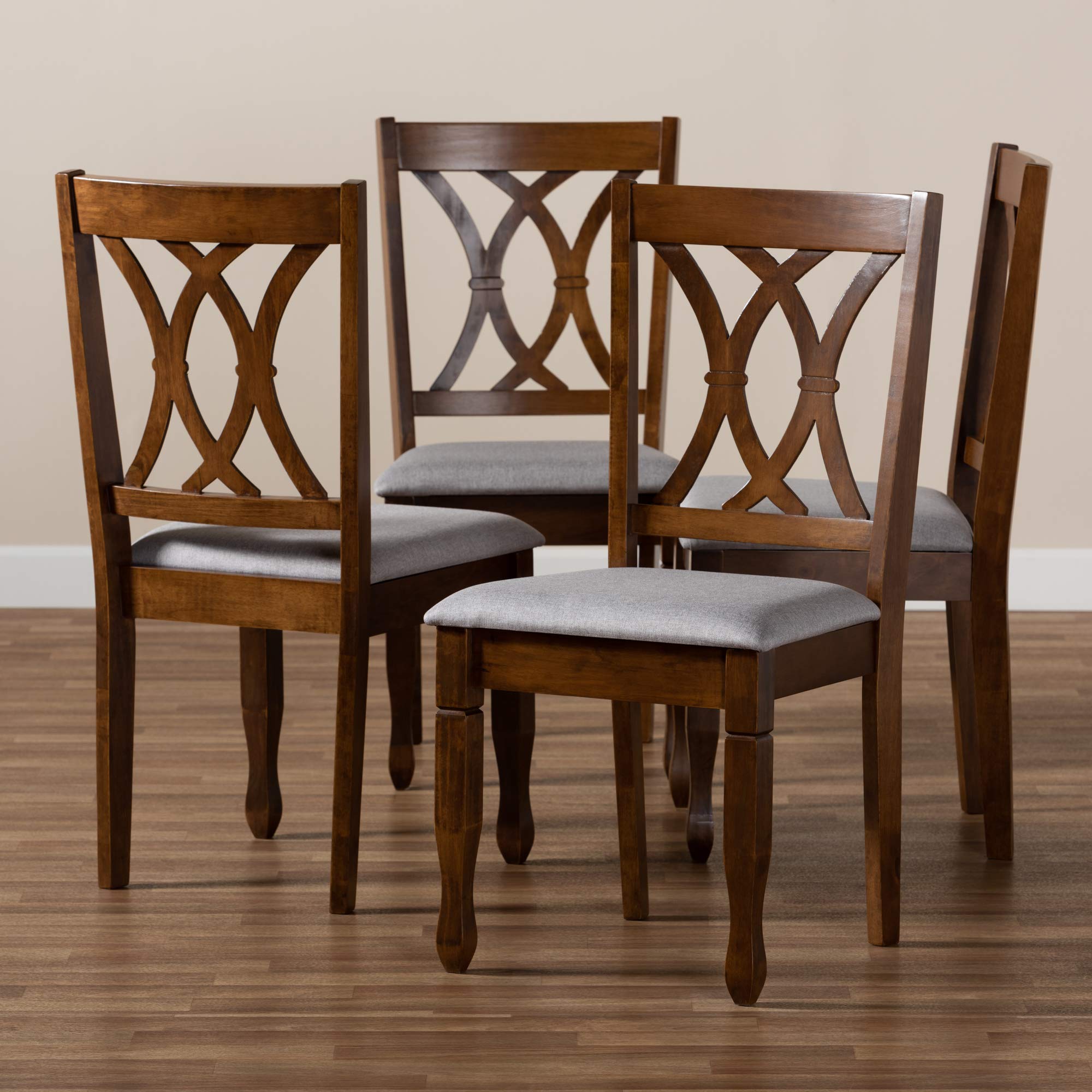 Baxton Studio Augustine 4-Piece Dining Chair Set - Grey Fabric Upholstered with Walnut Brown Wood Finish | Modern Kitchen & Dining Room Furniture for Home Decor