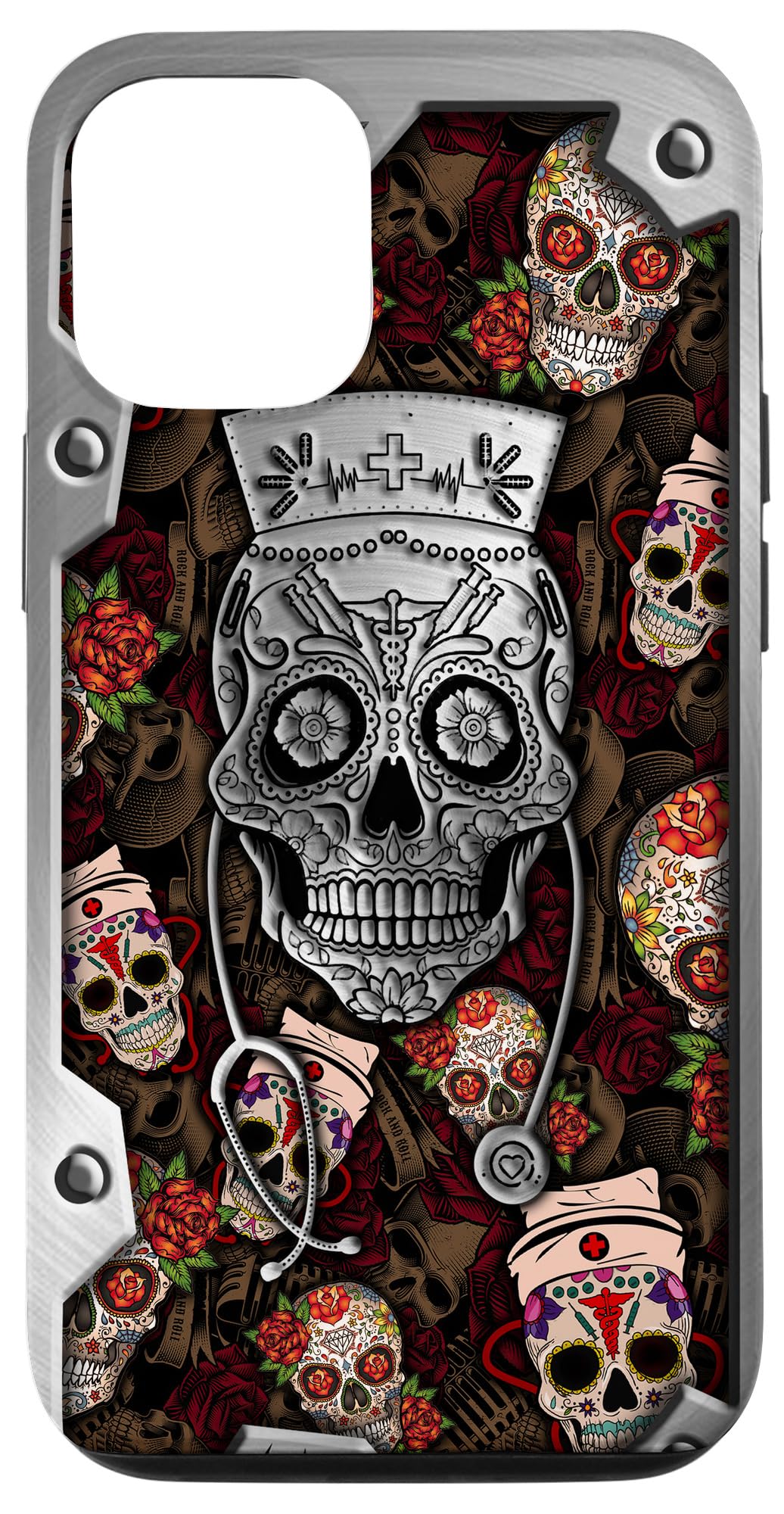 iPhone 12/12 Pro Sugar Skull Metal Phone Case - Gothic Nurse Design | Funny & Durable Protective Cover for Nurses, Medical Workers & Halloween Lovers (Perfect for Work, Cosplay & Everyday Use)