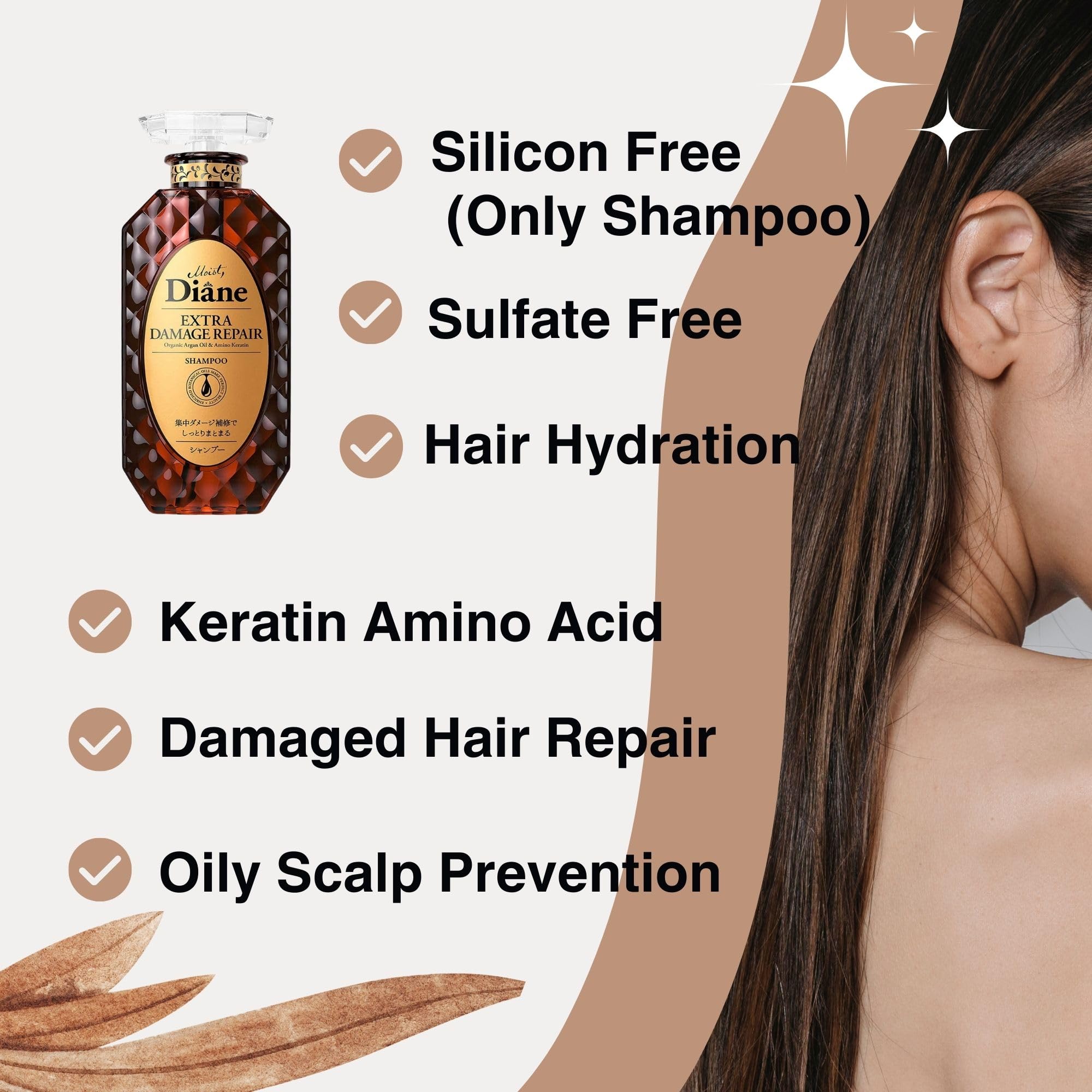 Moist Diane Keratin Shampoo and Conditioner Set for Damaged & Permed Hair - Organic Hair Care with Argan Oil & Mango Oil from Japan - Sulfate & Silicone Free - Extra Damage Repair - 15.2 Fl Oz - Perfect for Color-Treated, Dry & Frizzy Hair at Home or Salon Use
