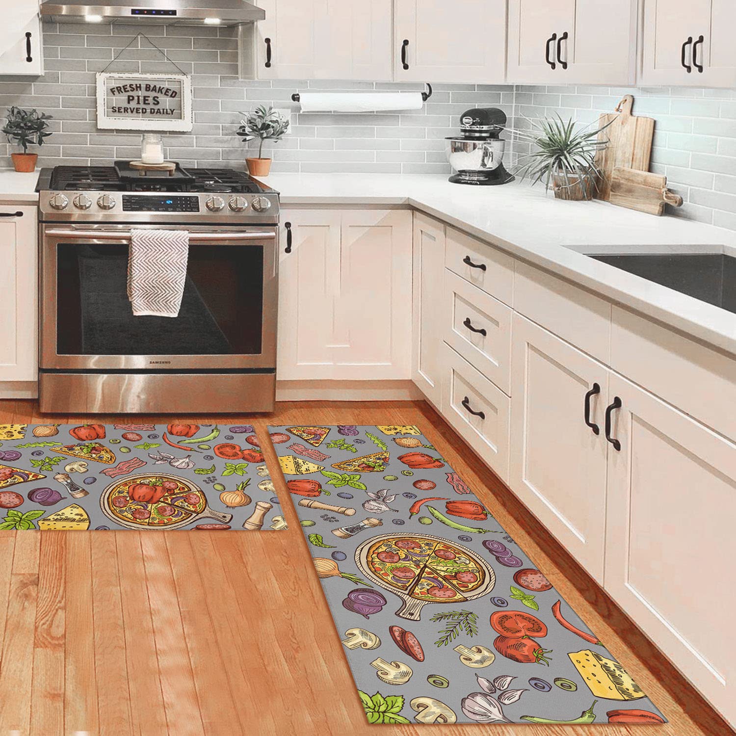 Farmhouse Kitchen Rugs and Mats Set of 2 - Non-Slip Washable Absorbent Microfiber Floor Mats for Kitchen - Stain Resistant 17
