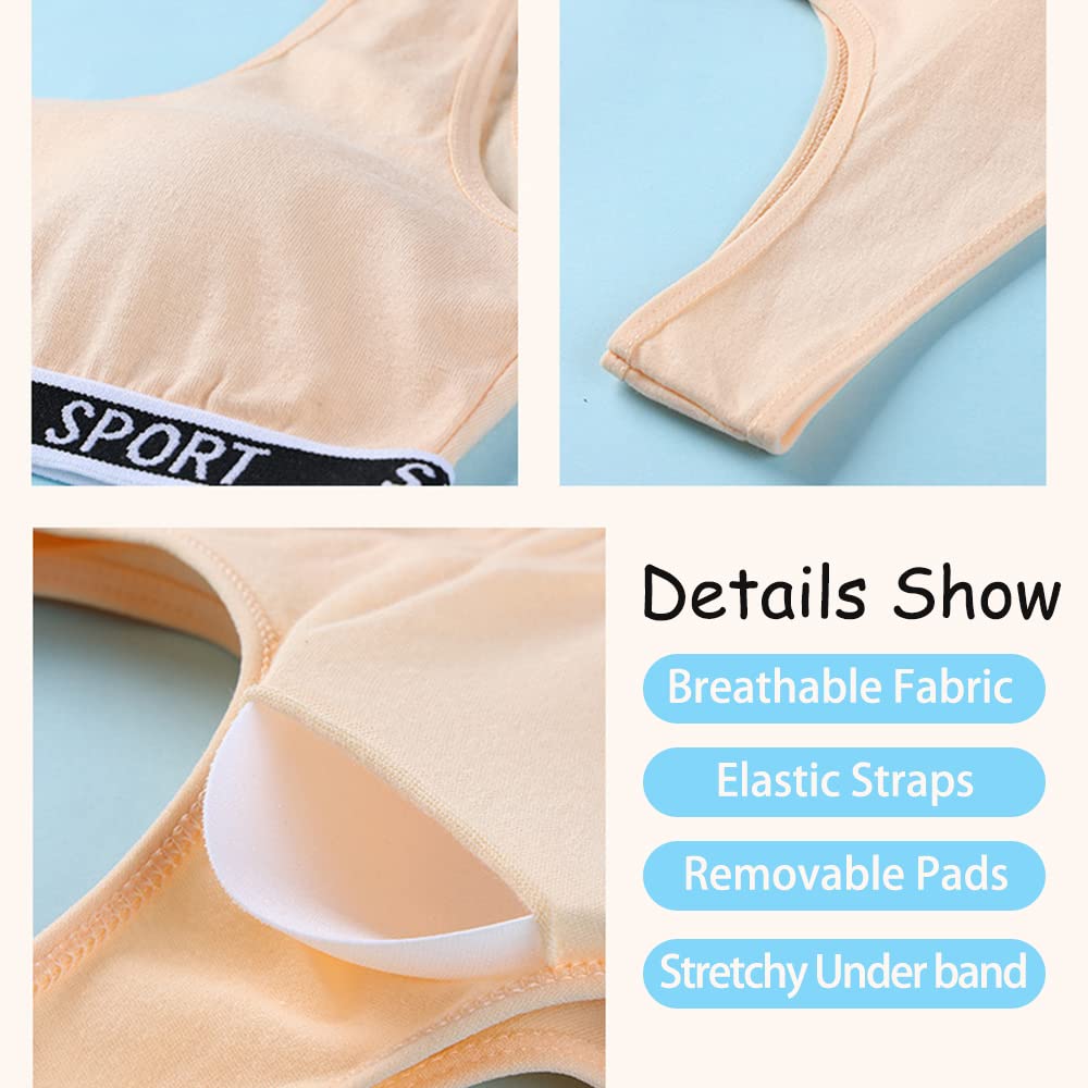 5 Pack Girls Sports Bras - Cotton Training Bras with Removable Pads, U-Shape Back Support for Teenage Girls 8-15 Years - Perfect for Gym, Yoga & Everyday Wear
