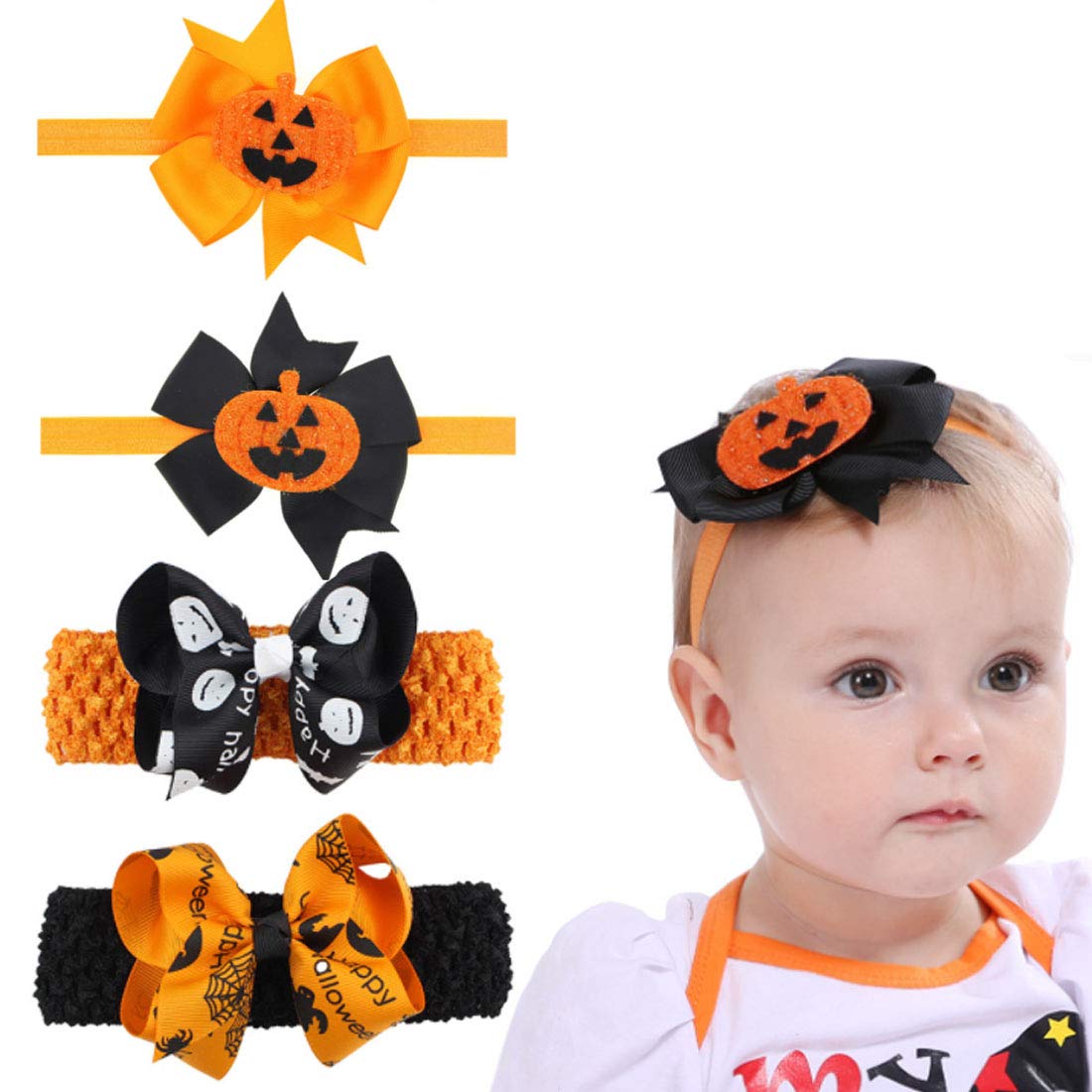4 Pack Halloween Headbands for Baby Girls - Pumpkin Bowknot Elastic Hair Bands for Toddler, Newborn & Infant - Perfect for Halloween Costumes, Photo Shoots & Party Outfits