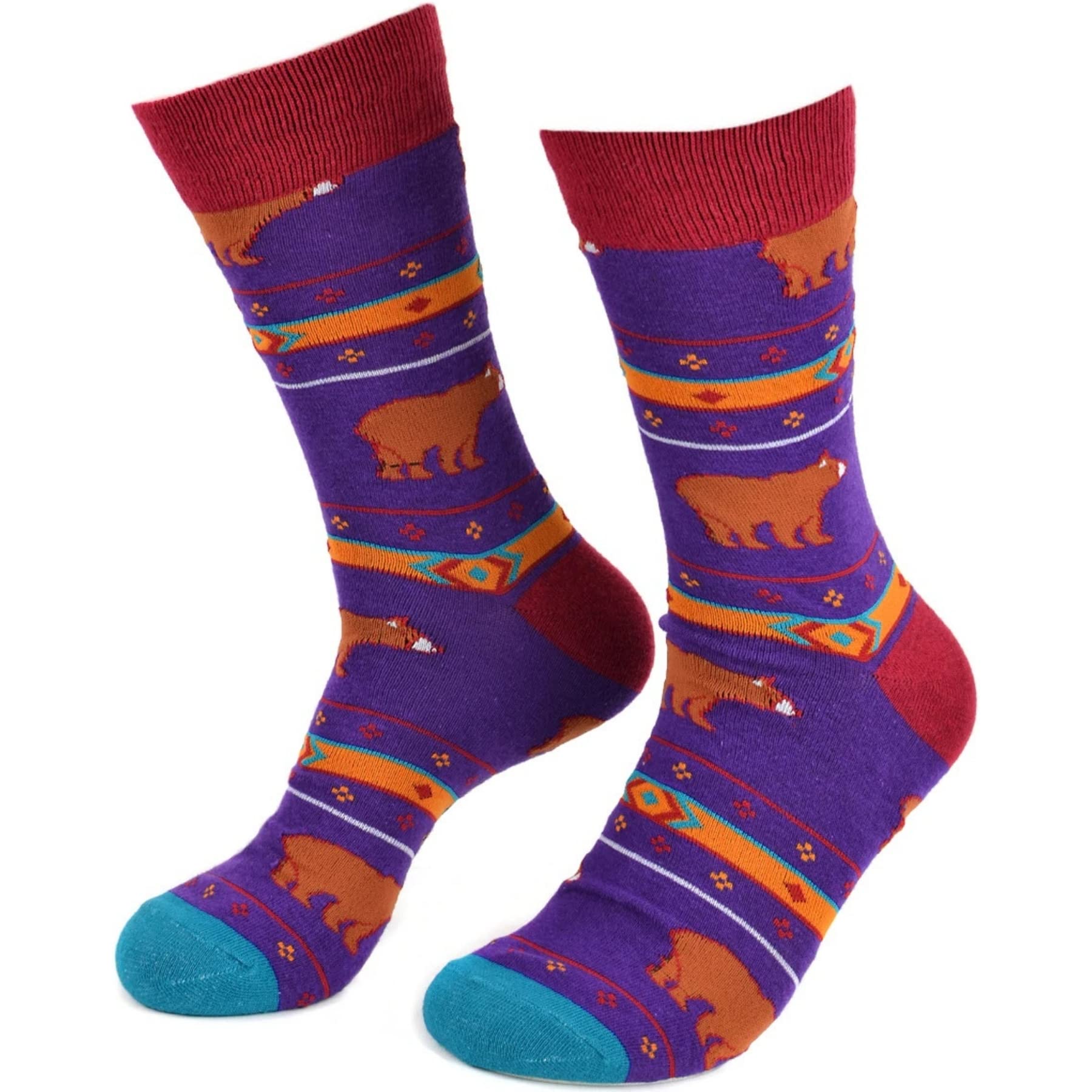 Men's Aztec Bear Pattern Novelty Crew Socks - Purple | Fun & Mysterious Design | Perfect for Casual Wear, Gifts & Costume Parties